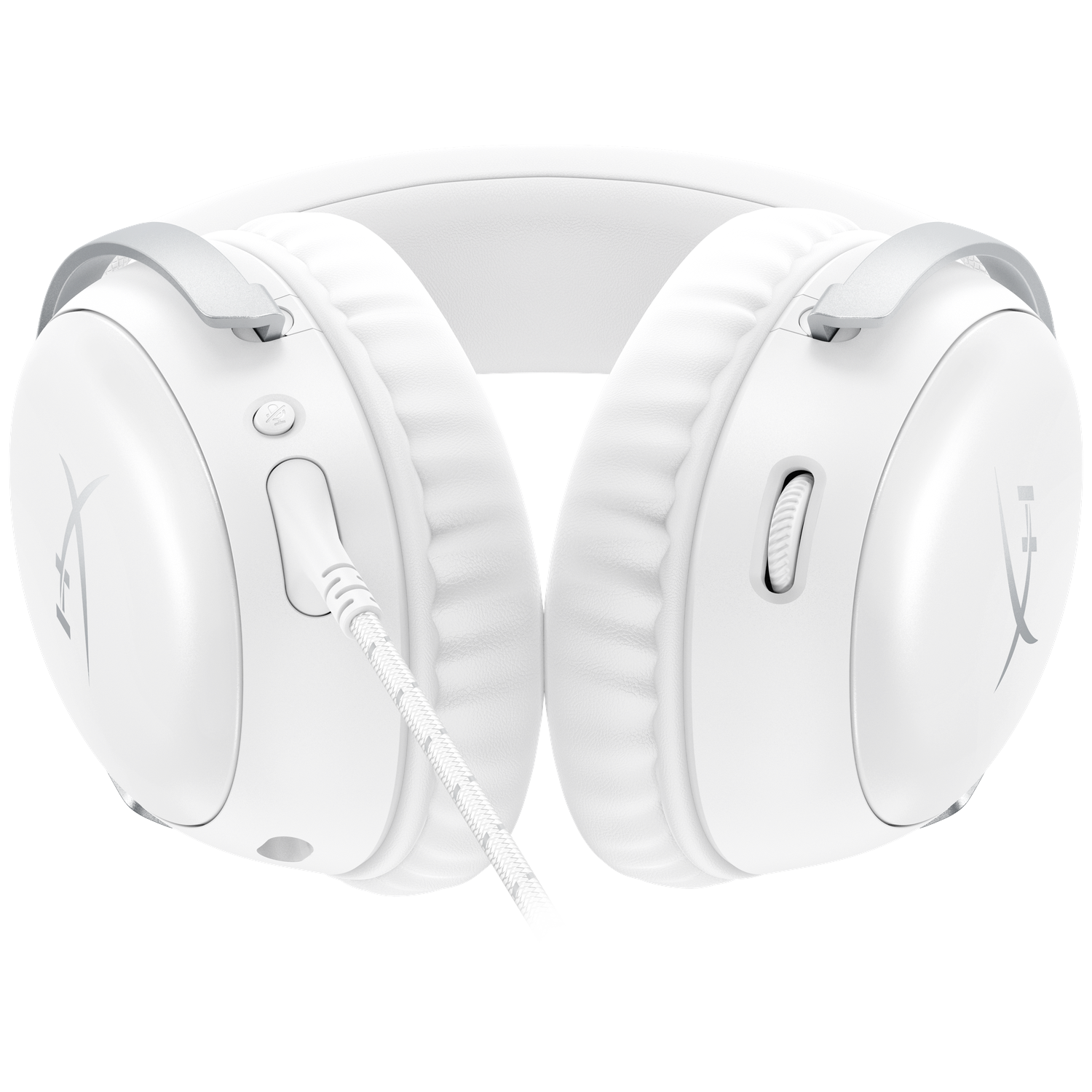 Witte over-ear koptelefoon. De oorschelpen zijn gewatteerd, met een bedieningsknop aan één kant. Een witte en grijze kabel is zichtbaar.