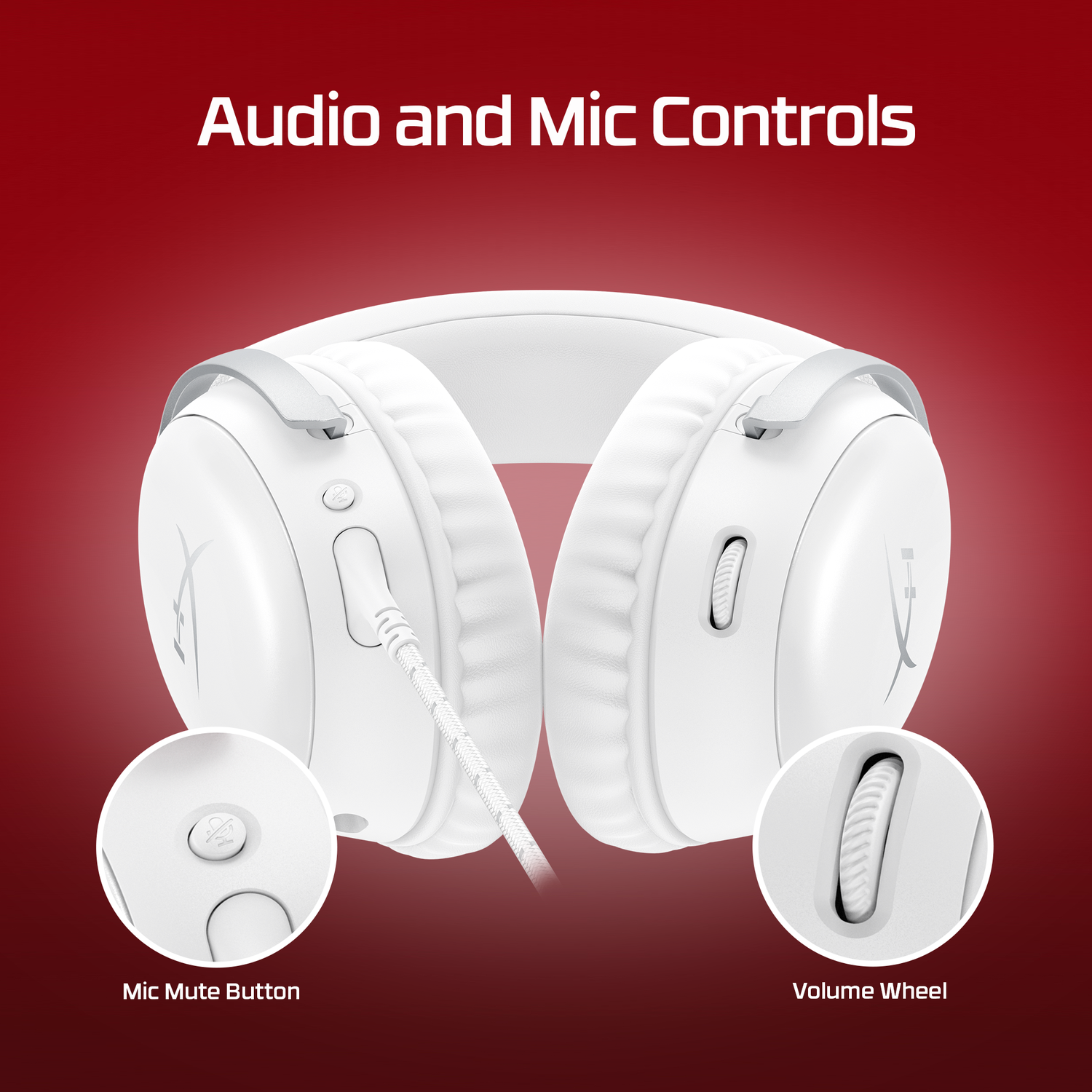 Witte koptelefoon met audio- en microfoonbediening. Inclusief een mute-knop en een volumeknop, op een rode achtergrond.