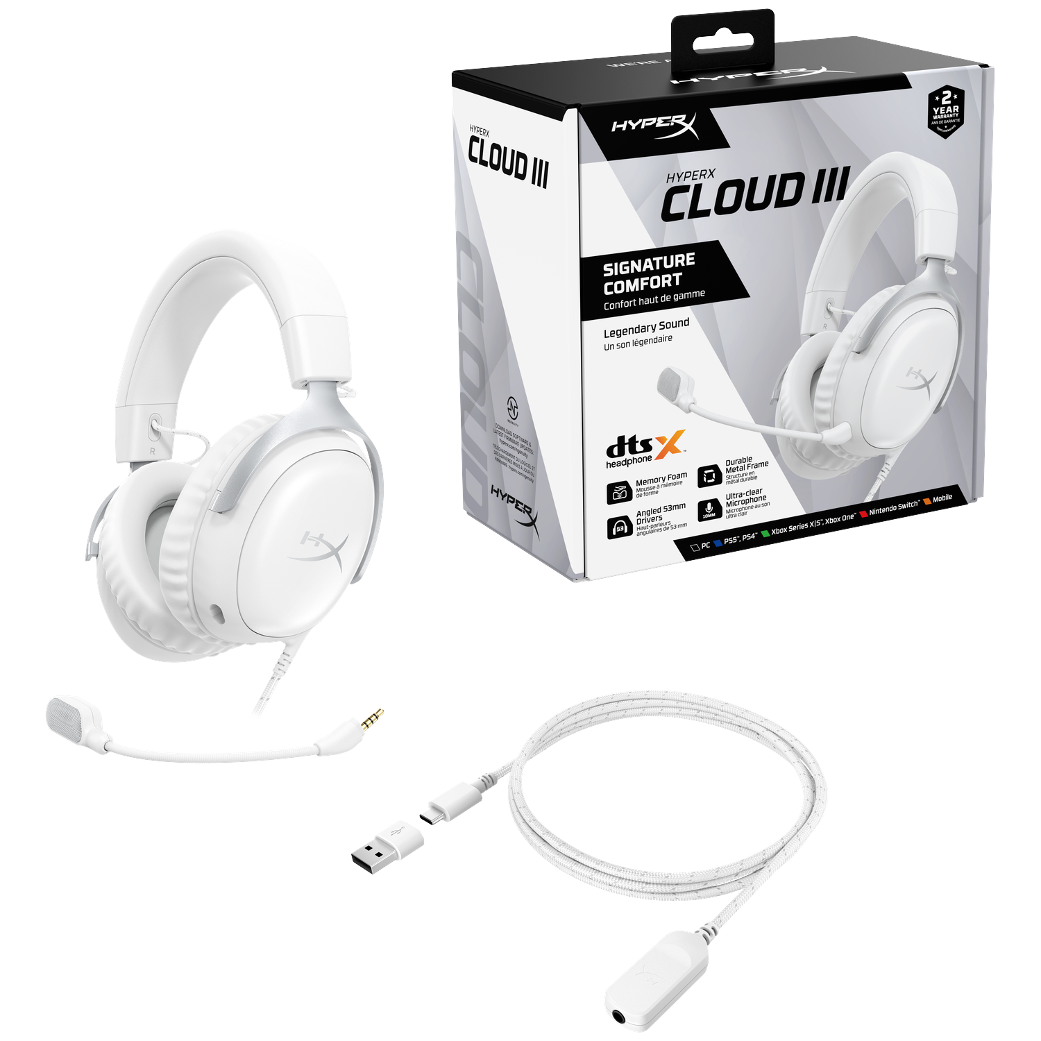 Witte HyperX Cloud III gaming headset met microfoon en kabel, gepresenteerd met de doos.