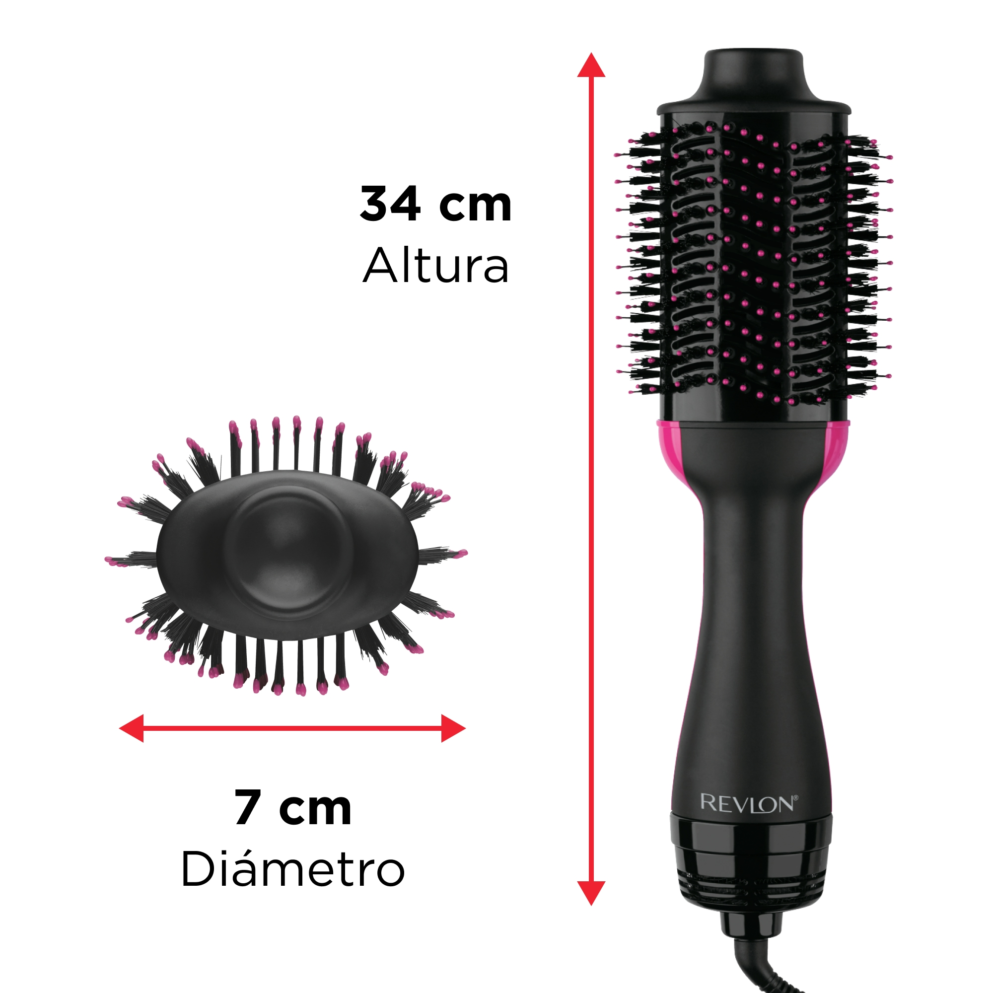 Un cepillo secador de pelo Revlon negro y rosa con medidas. El cabezal del cepillo es ovalado con puntas rosas.
