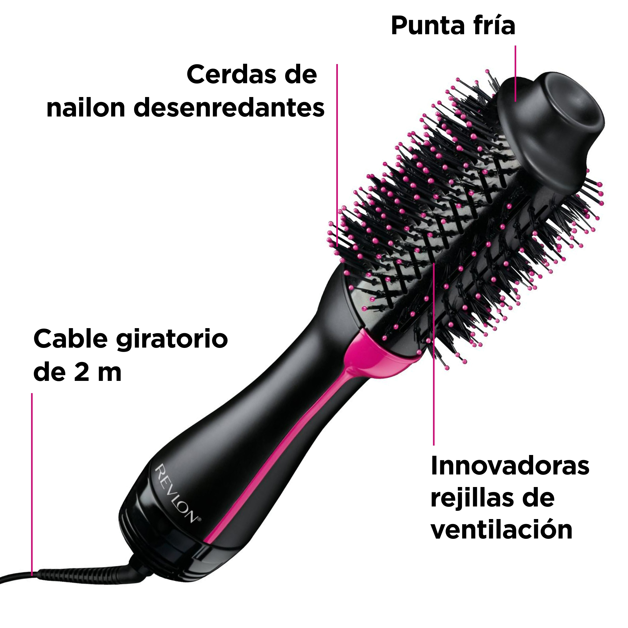 Señala punta fría, innovadoras rejillas de ventilación, Cable giratorio de 2m y cerdas de nailon desenredantes
