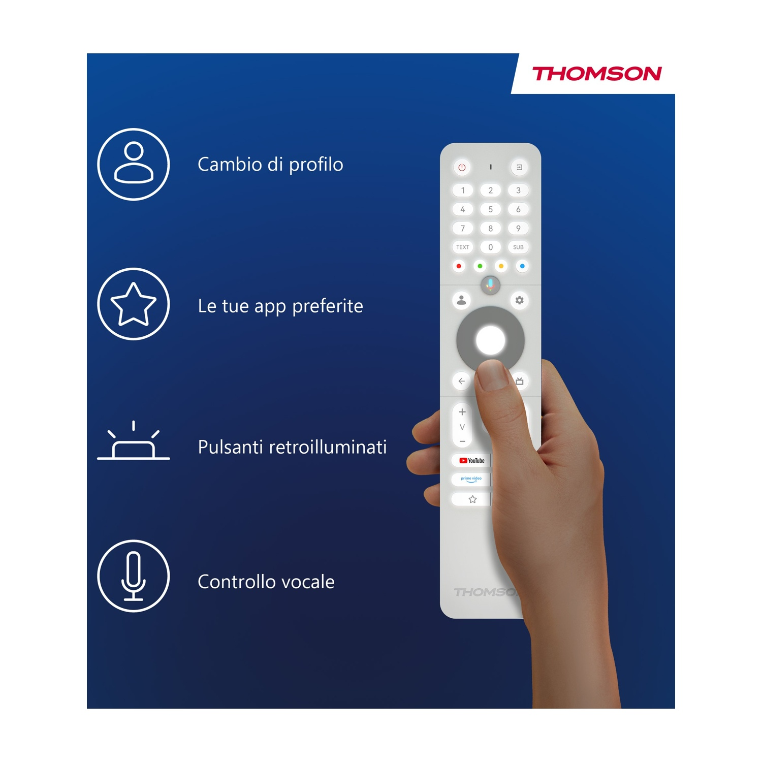 Una mano tiene un telecomando Thomson bianco con pulsanti. Sfondo blu con icone e testo: profilo, app, pulsanti retroilluminati, controllo vocale.