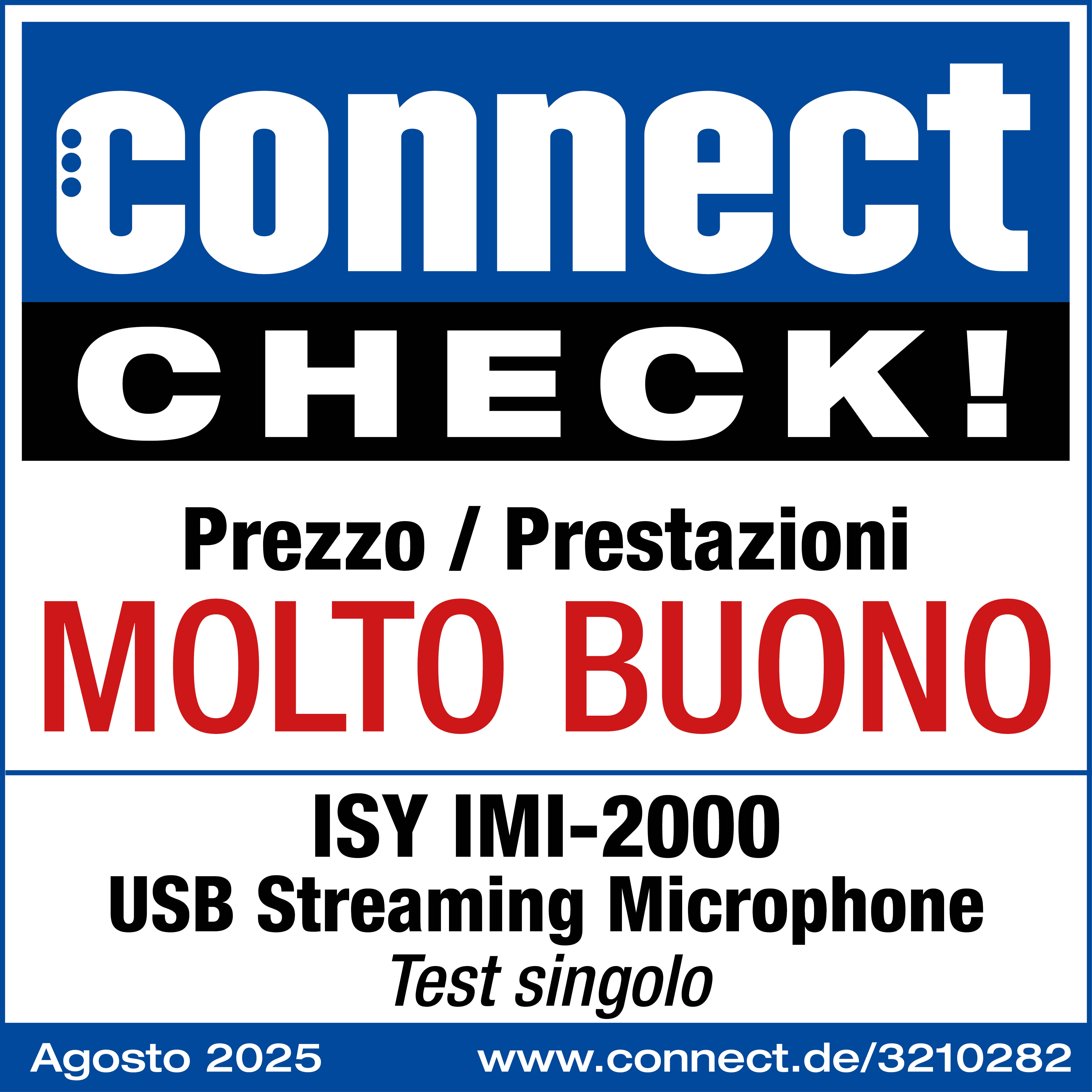 Panneau avec 'connect CHECK!' en blanc sur bleu, 'MOLTO BUONO' en rouge. Le texte mentionne un micro USB, 'Agosto 2025' et un site web.