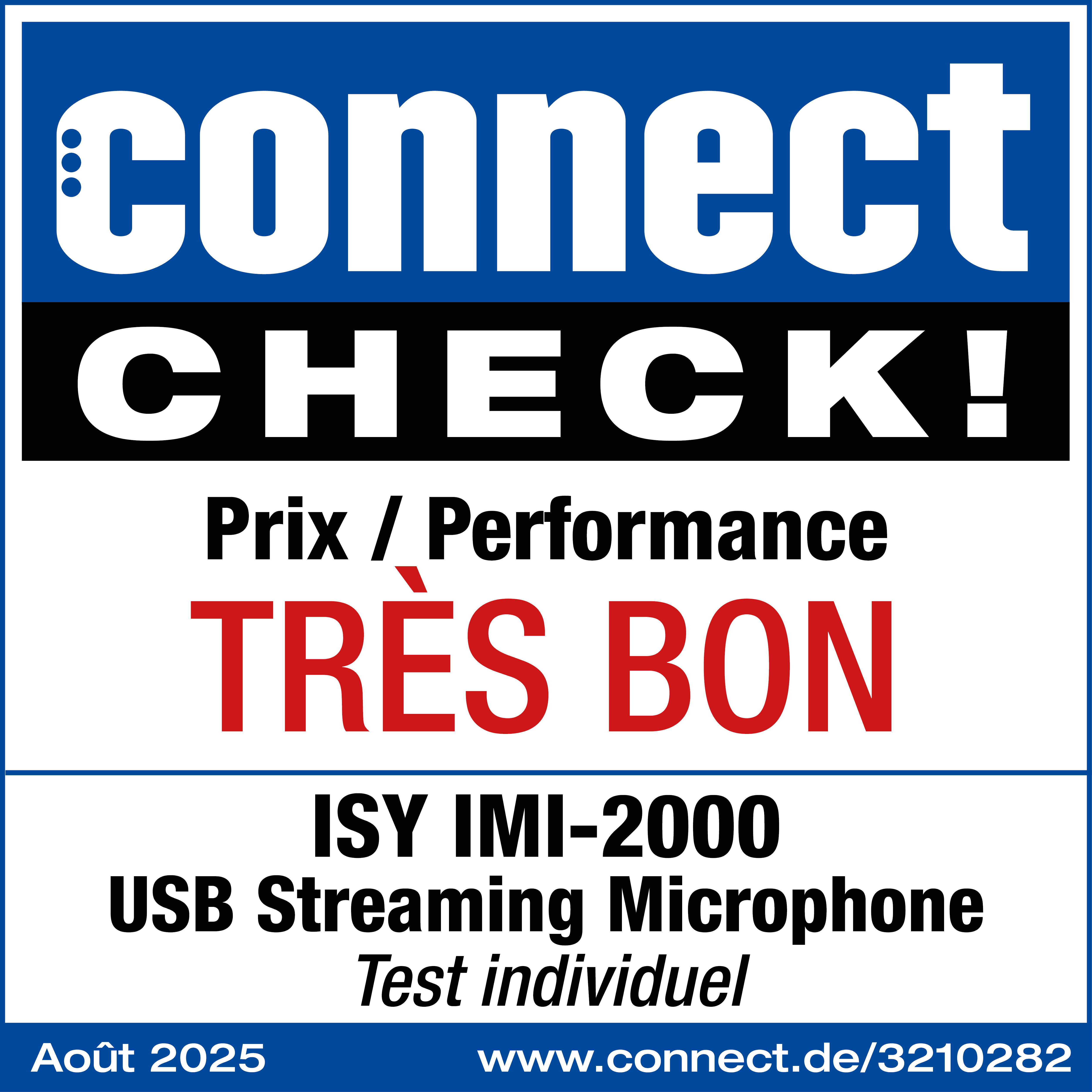 L'image est un test produit. Elle contient les mots connect CHECK!, avec une note de très bon et le micro ISY IMI-2000.