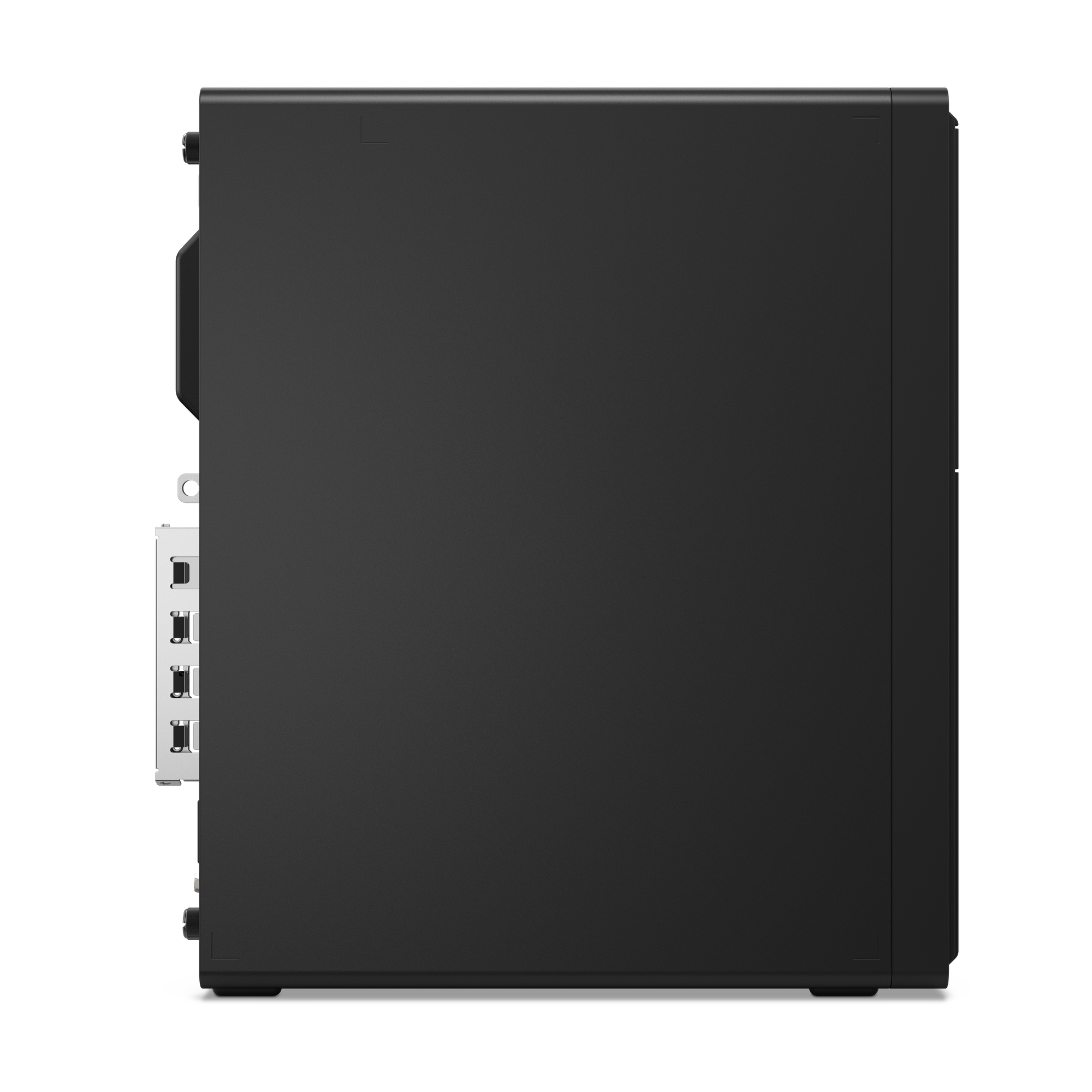 Seitenansicht eines schwarzen Desktop-Computergehäuses. Zeigt Anschlüsse und Steckverbinder an der Seite. Schwarzer Hintergrund.