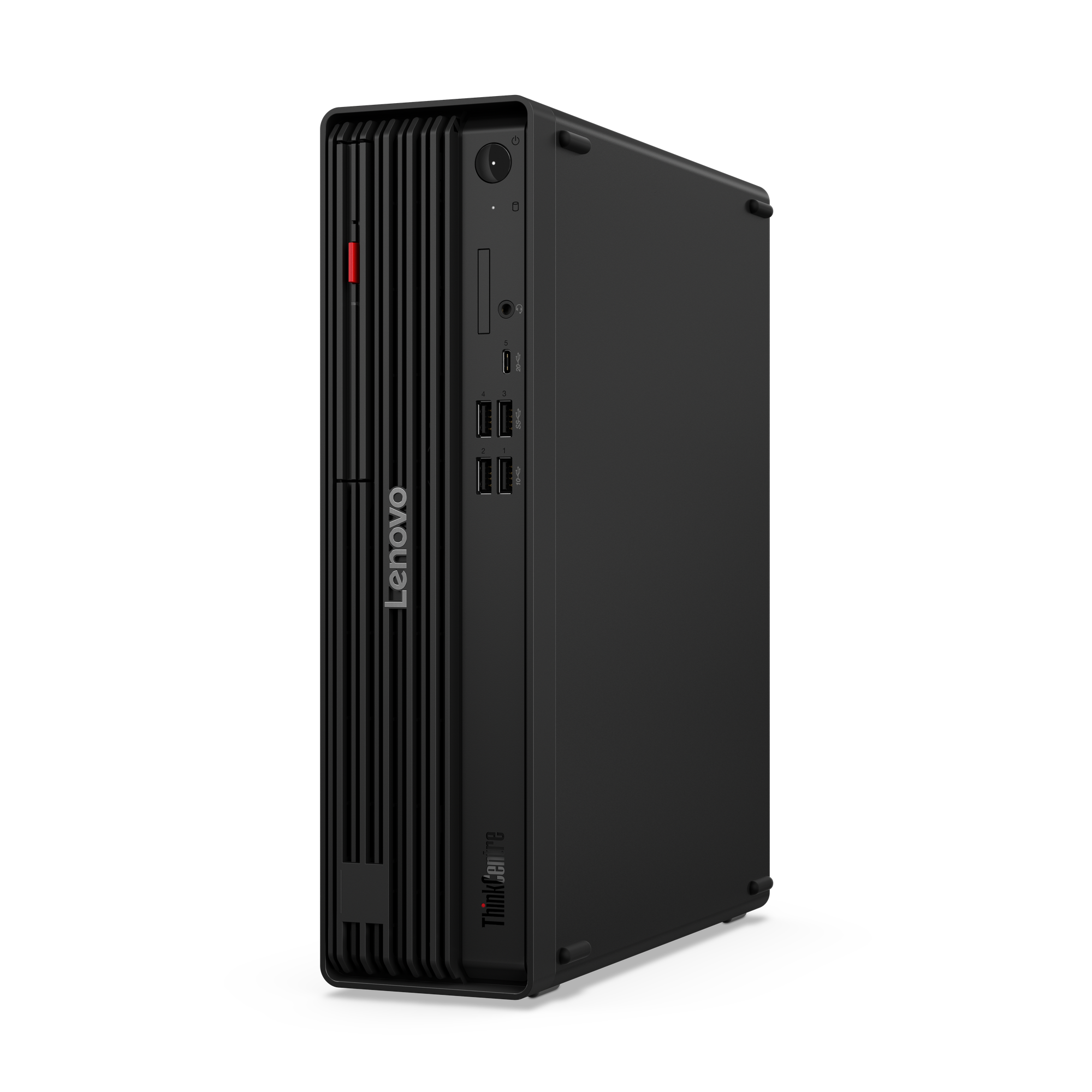 Schwarzer Lenovo ThinkCentre Desktop-Computer. Merkmale: Lenovo-Logo, Netzschalter, USB-Anschlüsse und roter Indikator.
