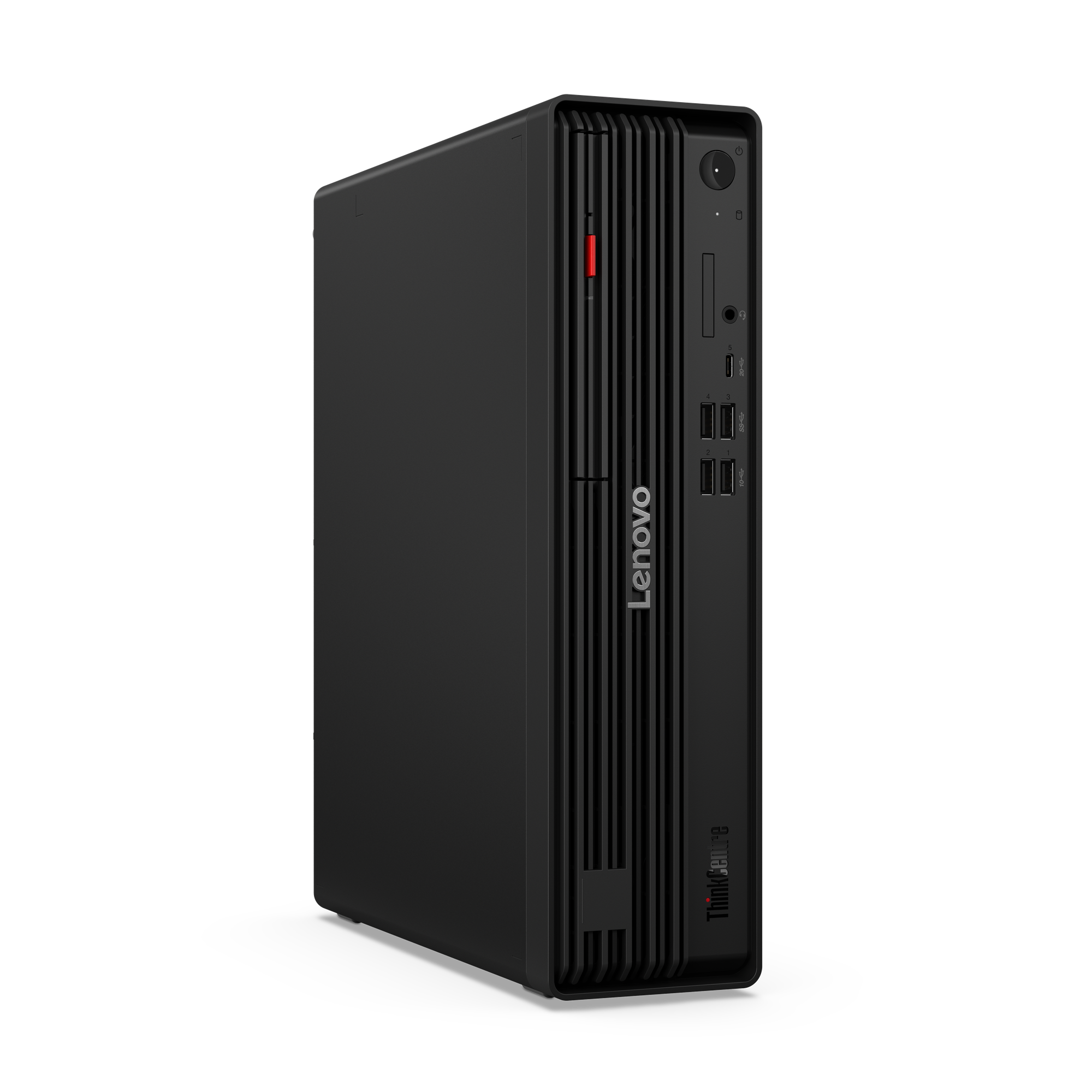 Schwarzer Lenovo ThinkCentre Desktop-Computer. Es hat vertikale Linien auf der Vorderseite und Anschlüsse. Der Hintergrund ist schwarz.