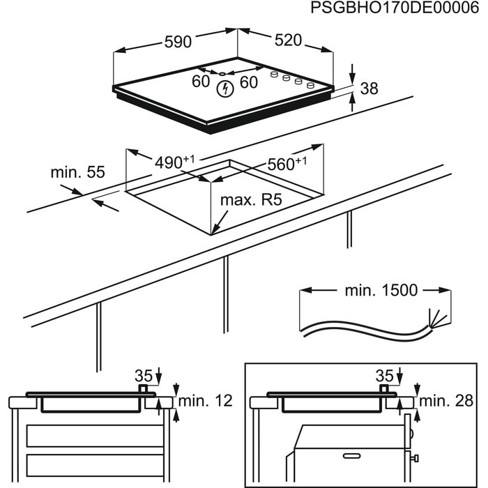 Főzőlap diagramja méretekkel, telepítési részletekkel. Tartalmazza a készülék és a kivágás méréseit.