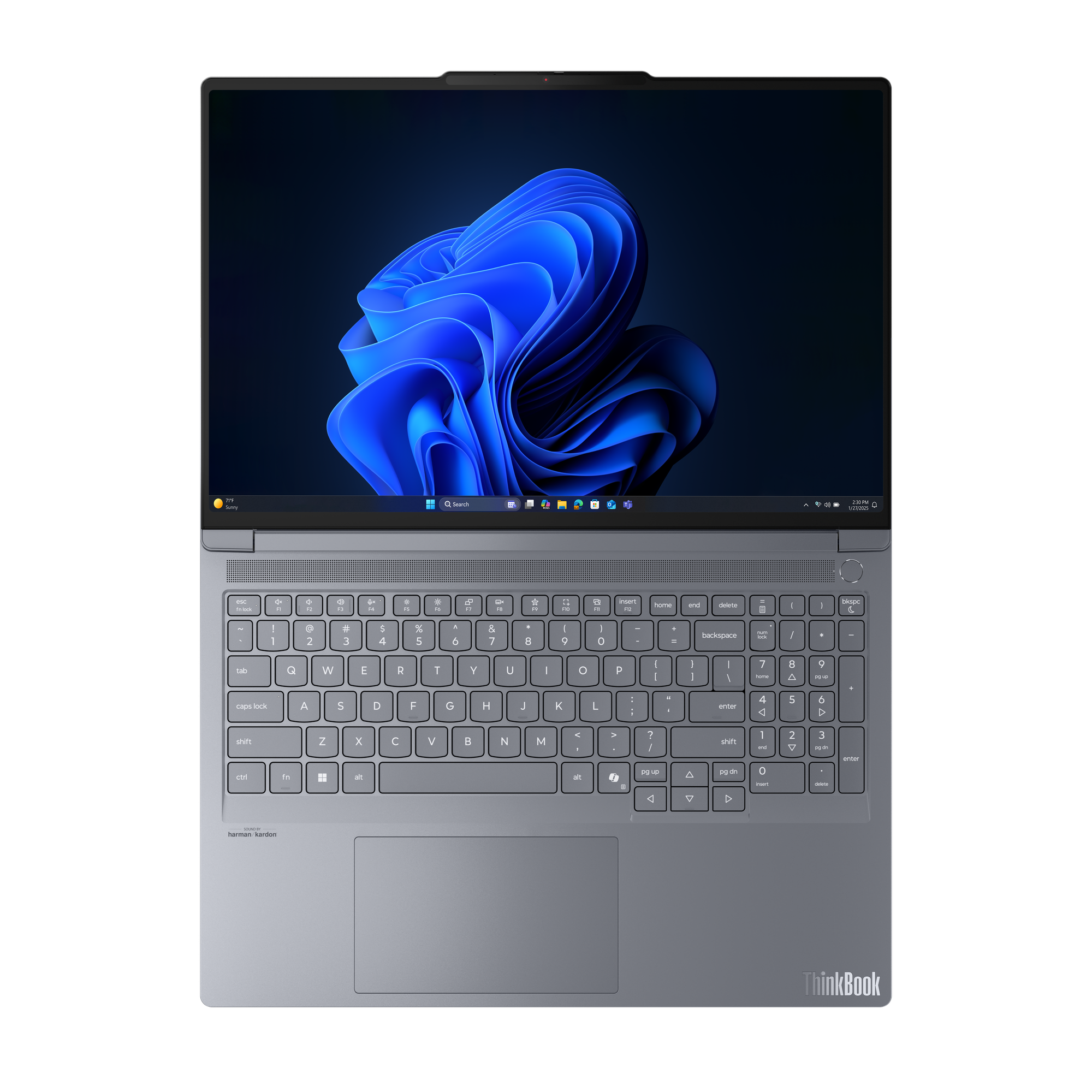 Grauer Laptop auf schwarzem Hintergrund. Der Bildschirm zeigt ein blaues, abstraktes Bild. Tastatur sichtbar.