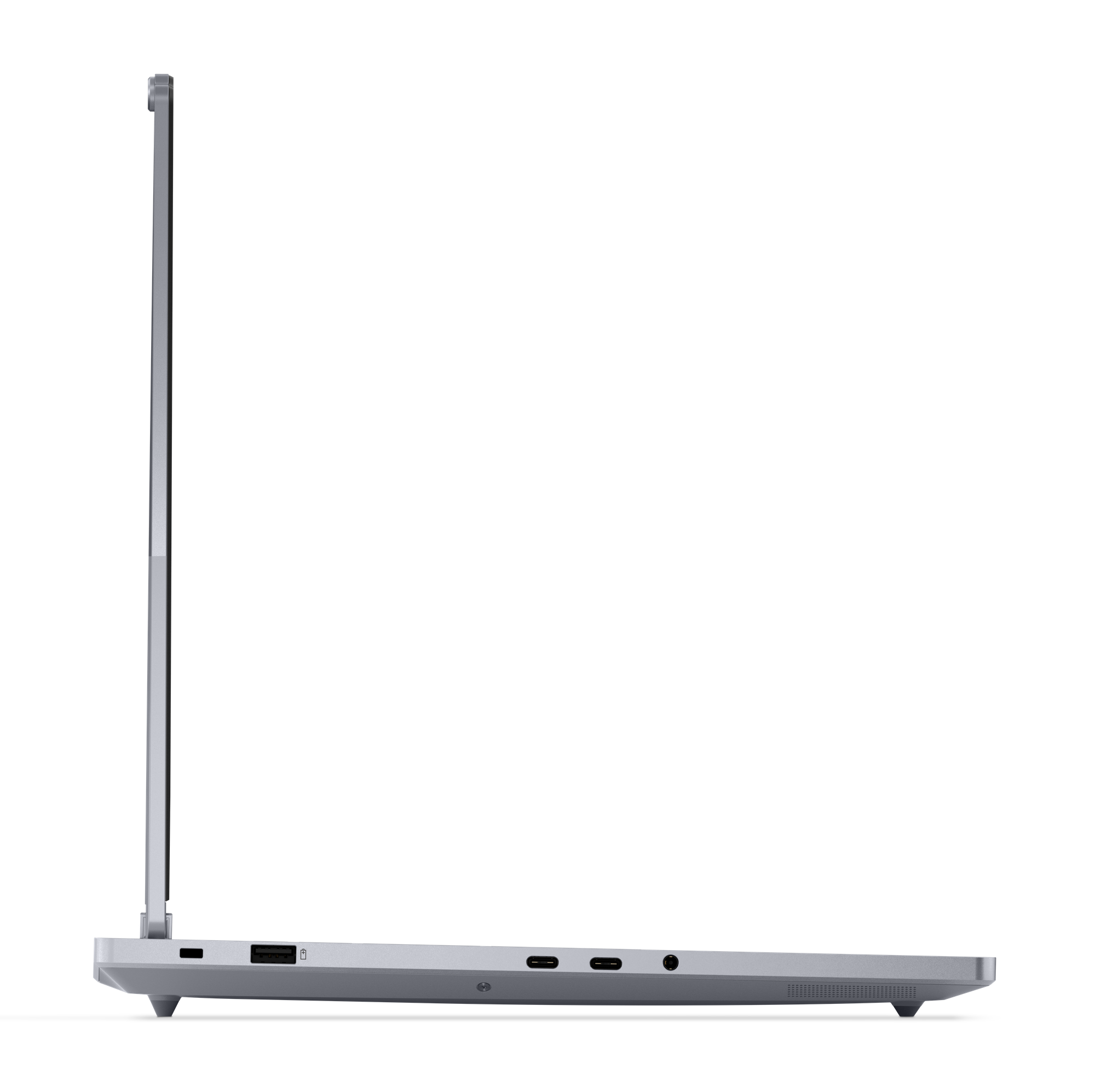 Seitenansicht eines silbernen Laptops. Der Bildschirm ist hochgeklappt. Anschlüsse sind sichtbar.