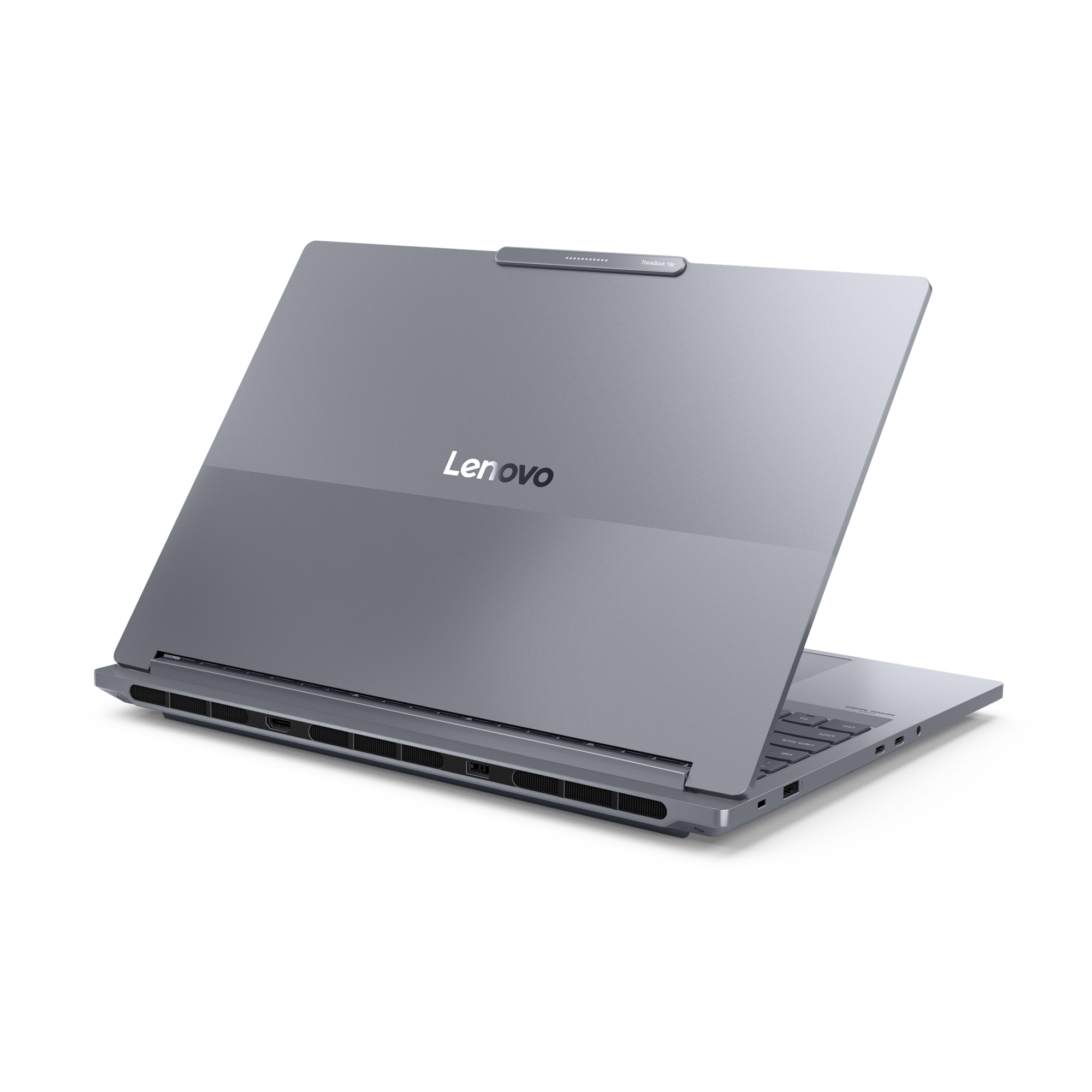 Offener Lenovo-Laptop. Graue Farbe. Lenovo-Logo. ThinkBook 16p oben.