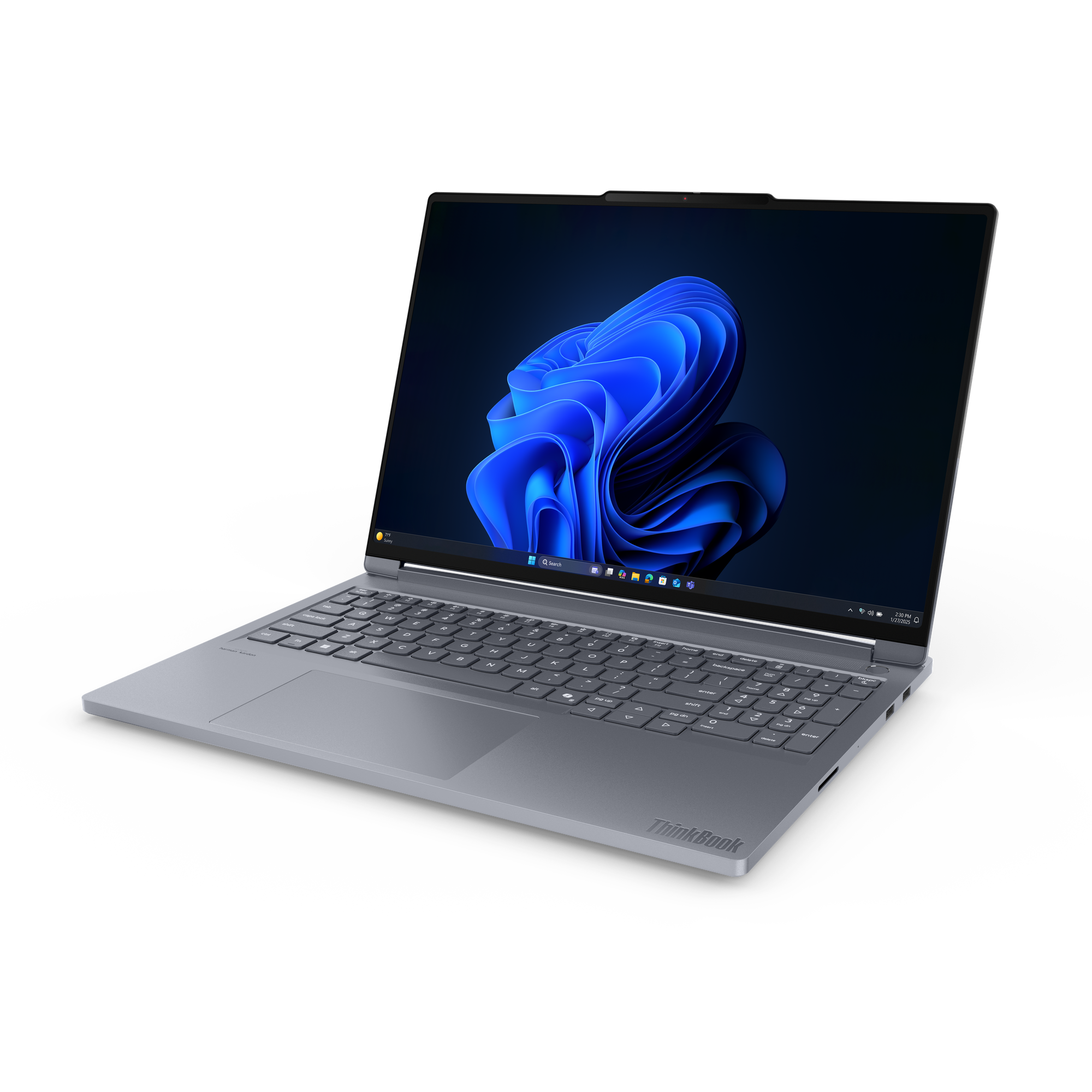 Ein graues ThinkBook-Laptop ist geöffnet und zeigt ein blaues, abstraktes Design auf dem Bildschirm. Der Hintergrund ist schwarz.