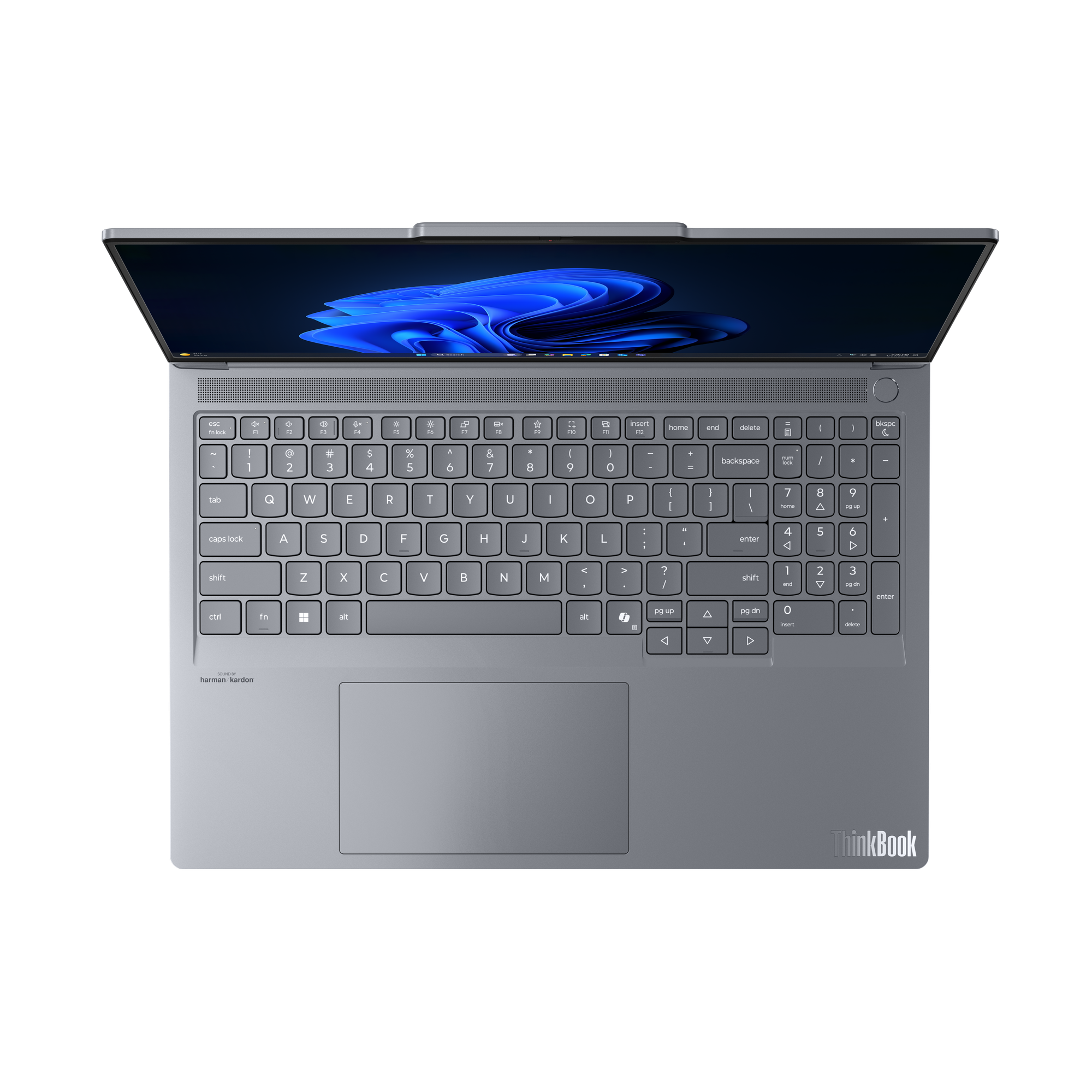 Draufsicht auf ein offenes graues ThinkBook-Laptop, Tastatur, Touchpad und Bildschirm mit blauem, abstraktem Bild.