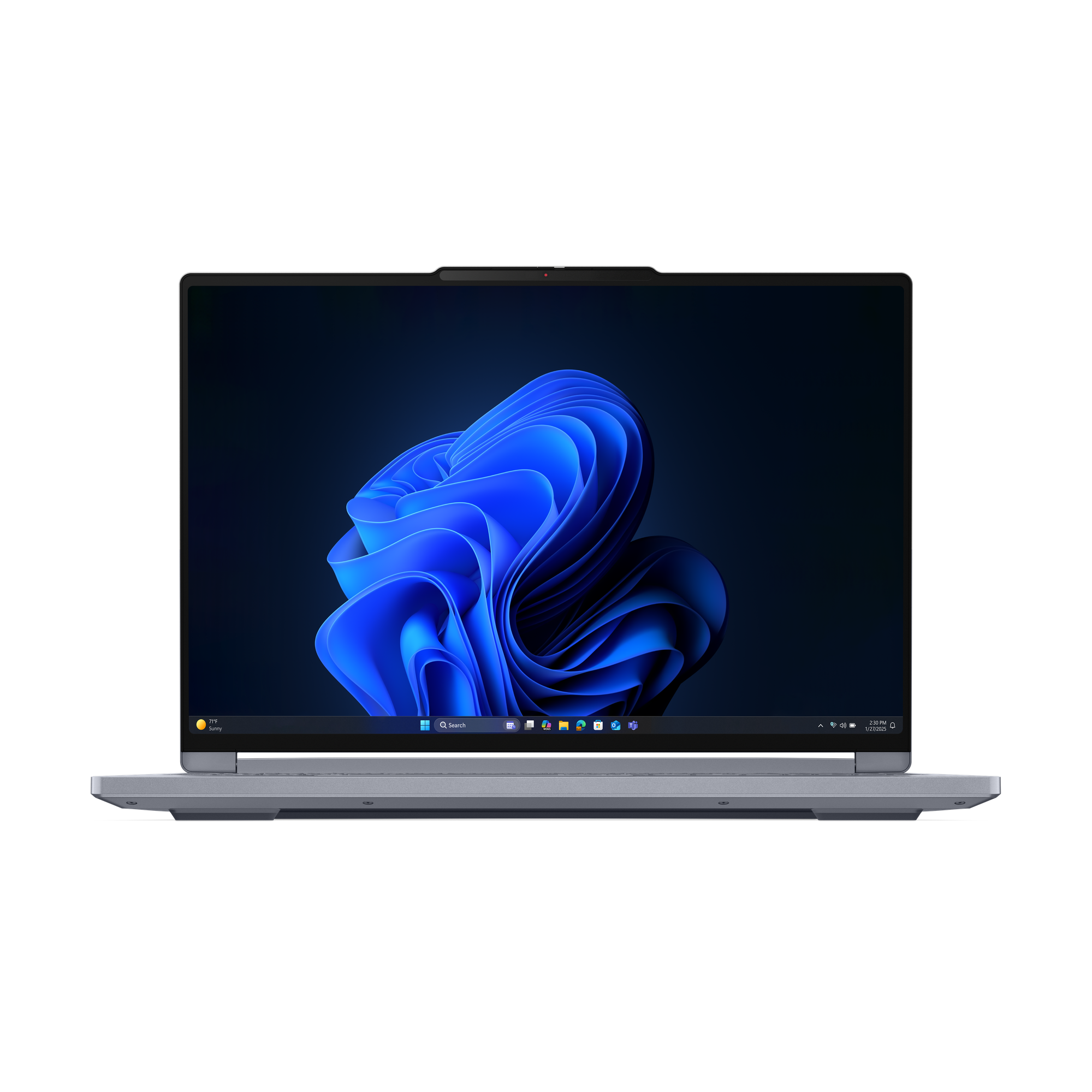 Laptop auf Schwarz. Bildschirm zeigt blaues, abstraktes Design. Tastatur sichtbar. Unterer Rahmen mit Symbolen. Silberne Basis.
