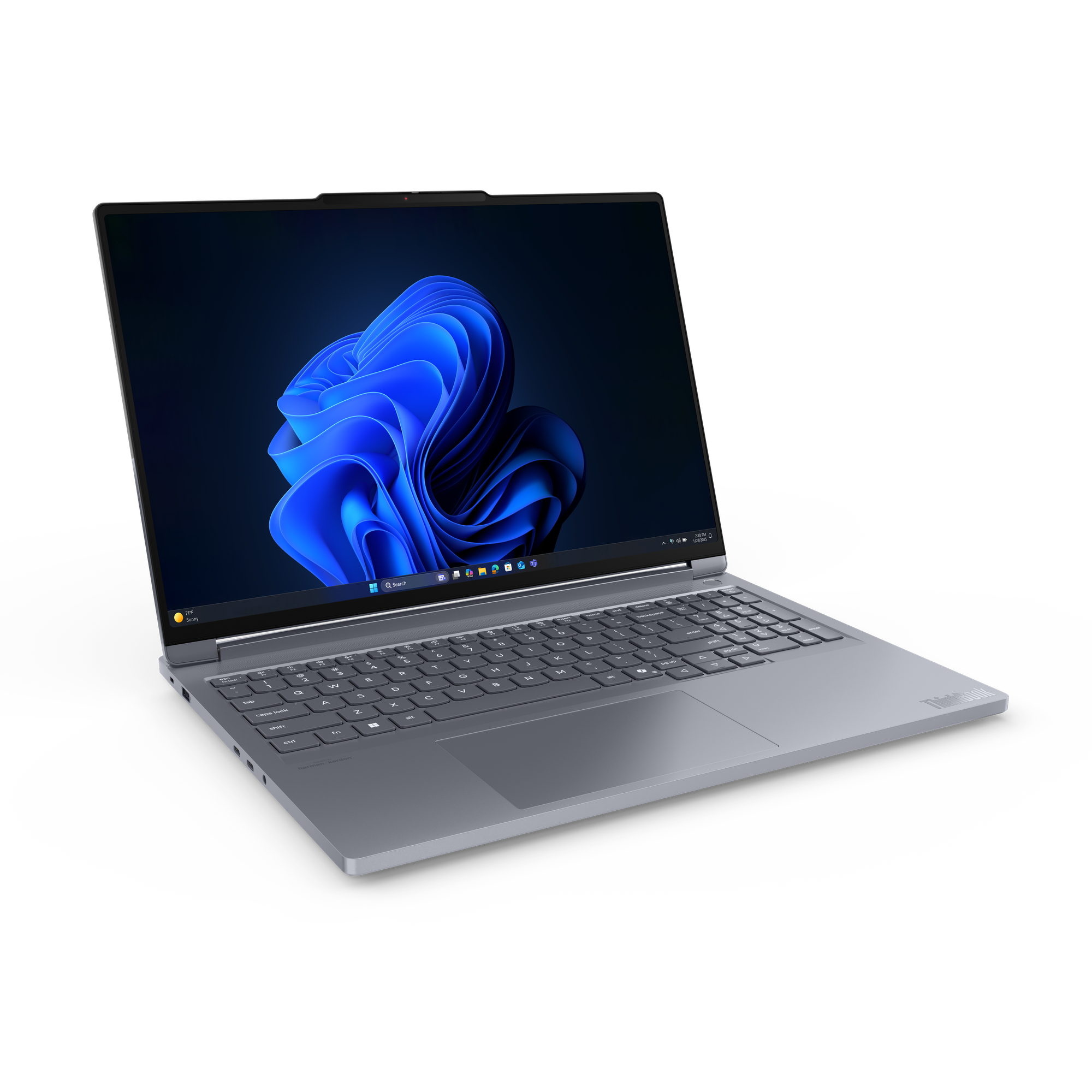 Ein grauer Laptop mit blauem, abstrakten Hintergrund auf schwarzem Grund wird gezeigt.