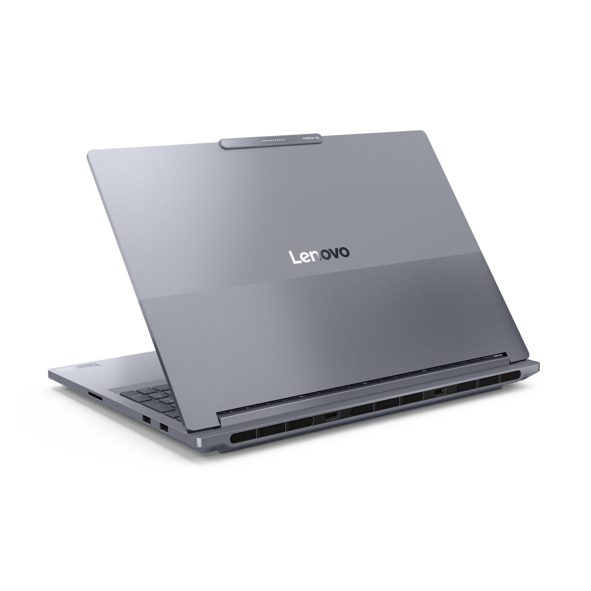 Ein grauer Lenovo ThinkBook-Laptop, der auf schwarzem Hintergrund leicht geöffnet ist. Das Lenovo-Logo ist sichtbar.