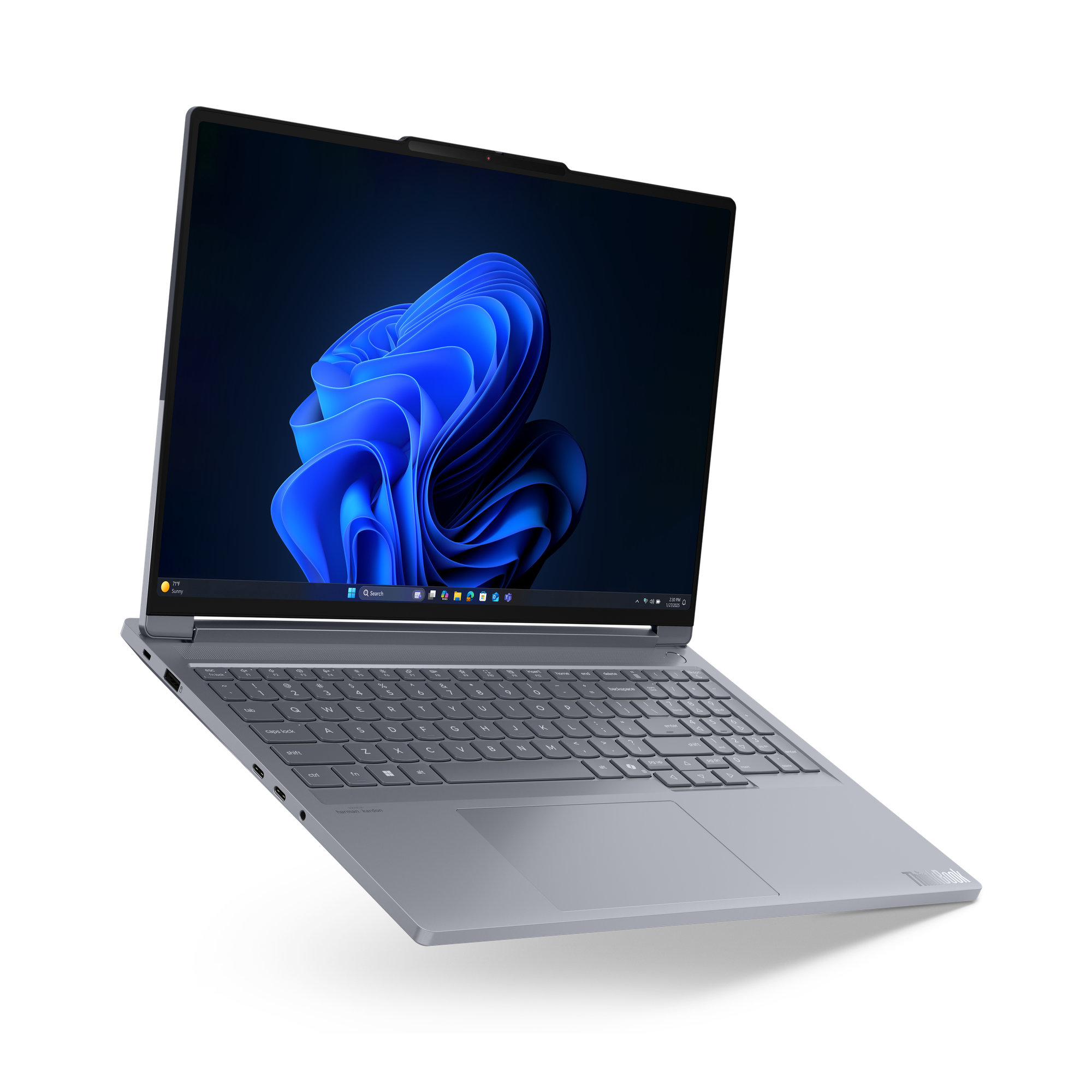 Laptop auf Schwarz, Bildschirm mit blauer abstrakter Kunst. Graue Tastatur und Gehäuse. Der Bildschirm ist leicht geöffnet.