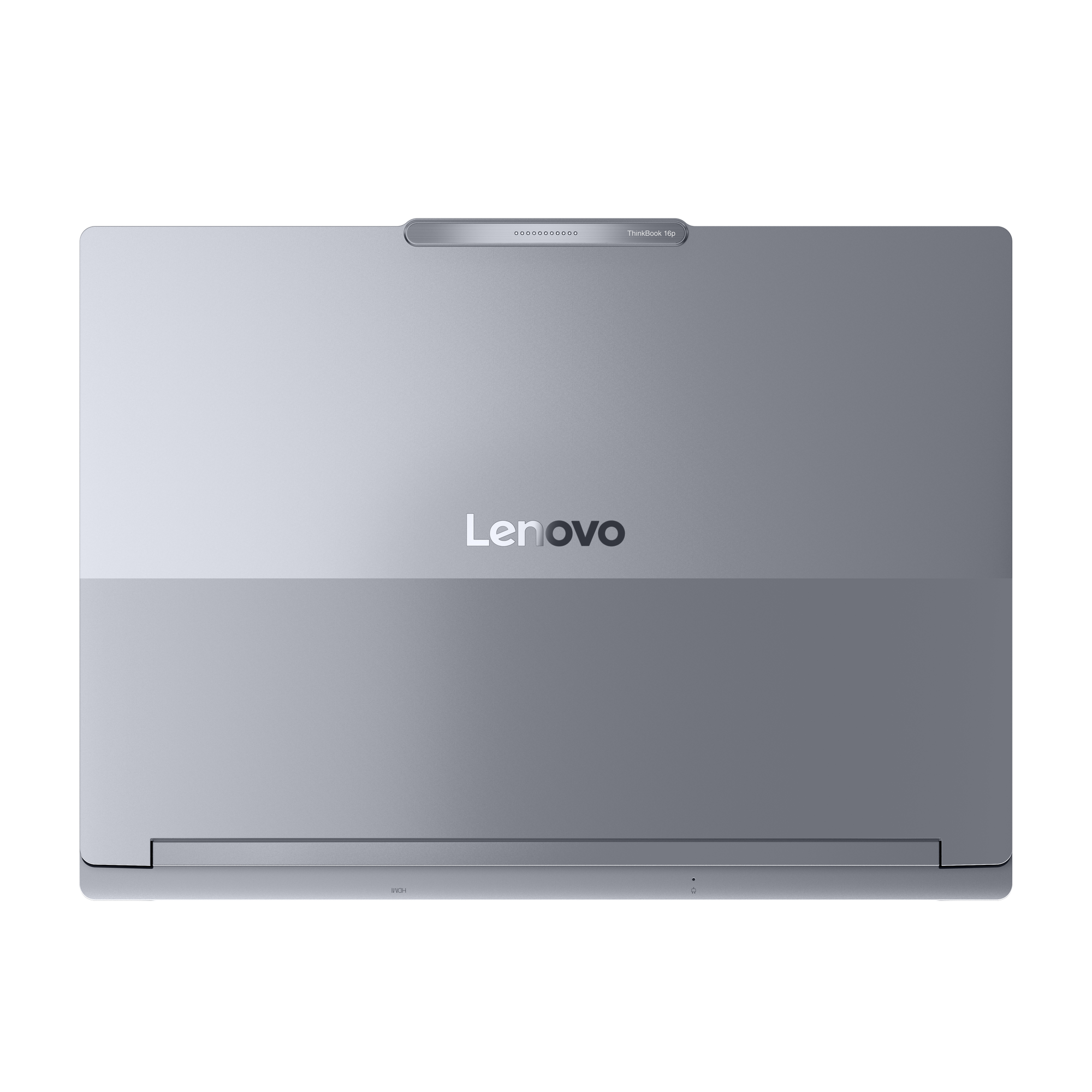 Draufsicht auf einen silbernen Lenovo ThinkBook 16p Laptop. Das Lenovo-Logo ist sichtbar. Der Hintergrund ist schwarz.