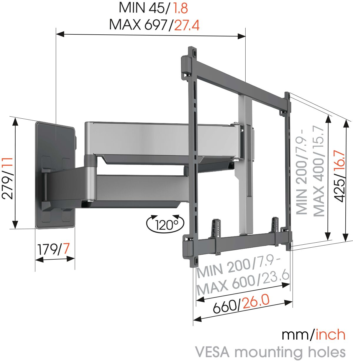 Diagramm einer TV-Halterung mit Abmessungen in mm/Zoll. Zeigt Maße für Breite, Höhe und Drehpunkt. Beschriftete VESA-Befestigungslöcher.