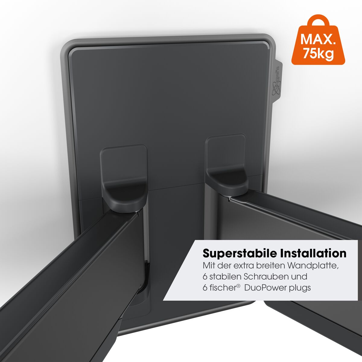 Eine schwarze Wandhalterung mit Armen, beschriftet mit 'MAX. 75kg'. Textdetails 'Superstabile Installation' und erwähnt Schrauben und Dübel.