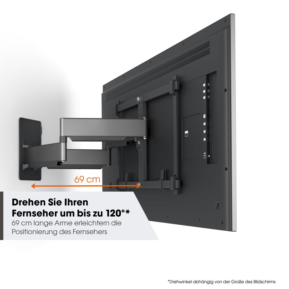 Ein schwarzer Fernseher ist an einer Wandhalterung befestigt. Text zeigt, dass der Fernseher bis zu 120 Grad drehen kann.