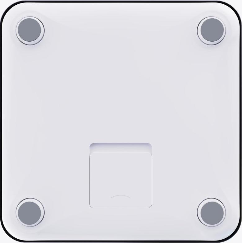 Una bilancia elettronica quadrata bianca con quattro piedini circolari grigi e un incavo rettangolare al centro.