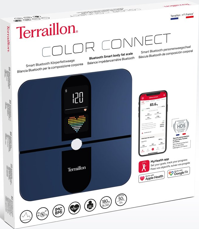 Scatola con bilancia smart Bluetooth. Un display mostra '120' e un cuore. Un telefono mostra dati sanitari.