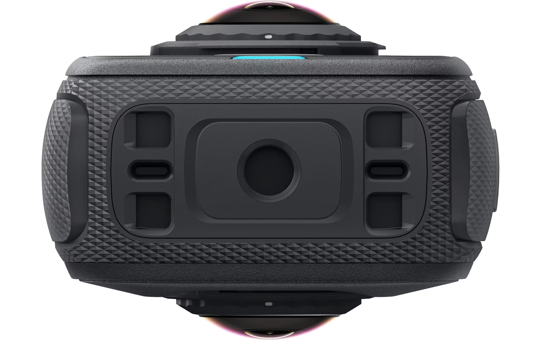 Una fotocamera nera a 360 gradi con un motivo a rombi sui lati. Ha un pulsante blu e due obiettivi su lati opposti.