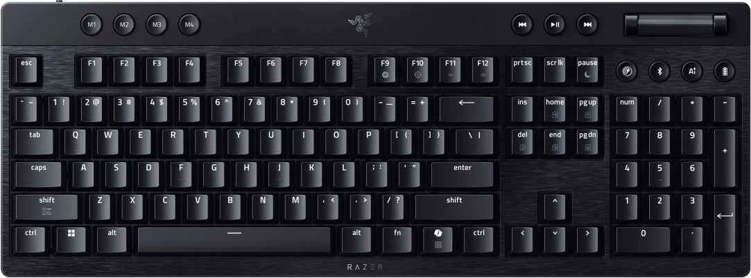 Tastiera Razer nera con tasti funzione, alfanumerici e tastierino numerico. I tasti sono etichettati con caratteri bianchi.