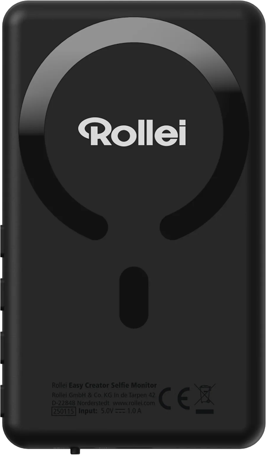 Schwarzer Rollei Selfie-Monitor. Weißes Rollei-Logo auf schwarzem Kreis. Text unten enthält Produkt- und Firmeninformationen.