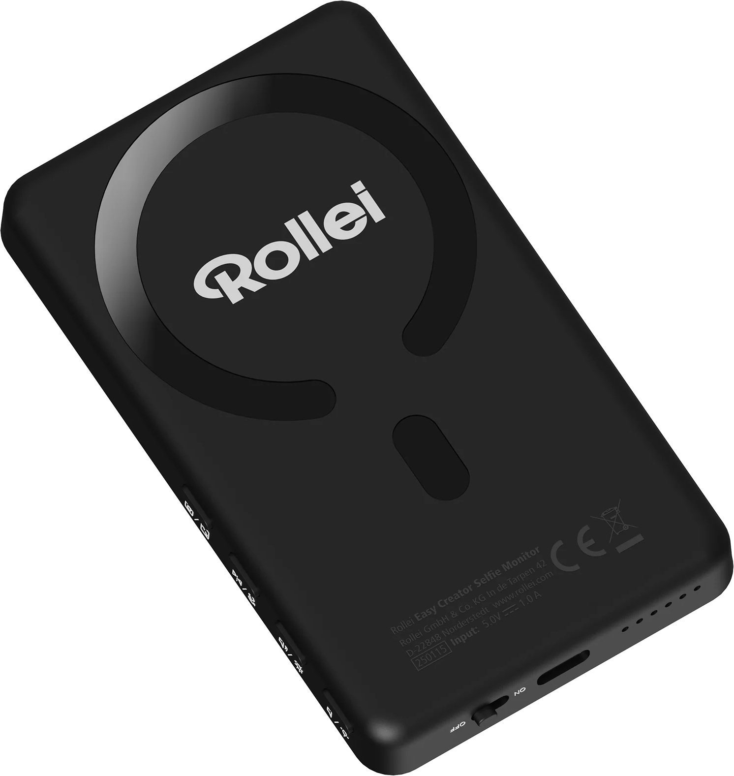 Schwarzer Rollei Selfie-Monitor. Merkmale sind ein kreisförmiger Bereich mit dem Markennamen, Tasten und ein Netzschalter.