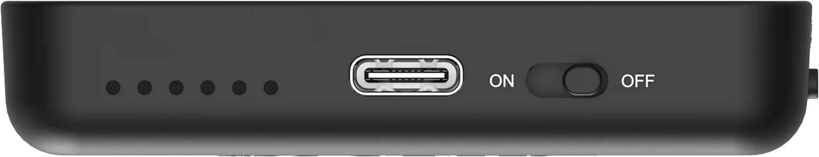 Schwarze Powerbank mit USB-C-Anschluss, Ein-/Ausschalter und fünf Batteriestandsanzeigen. Der Schalter sagt 'ON' und 'OFF'.