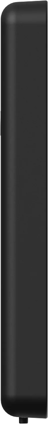 Ein vertikales, schwarzes, rechteckiges Objekt mit abgerundeten Kanten. Es scheint eine Powerbank oder ein ähnliches Gerät zu sein.