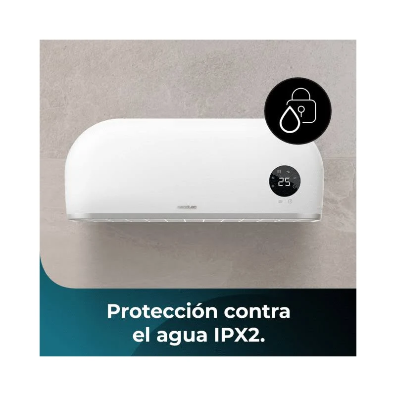 Calentador de agua blanco con pantalla digital que muestra 25 grados. Icono negro con candado y gota de agua. Texto: Protección contra el agua IPX2.
