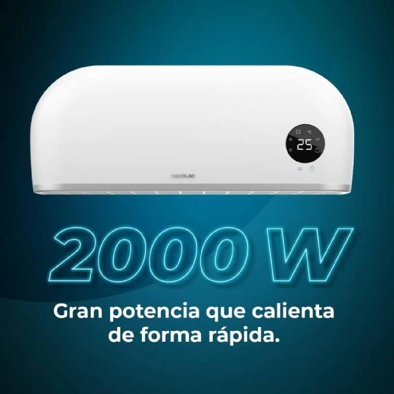 Un calentador eléctrico blanco con una pantalla digital que muestra 25 grados. Debajo, dice '2000 W' y un texto en español sobre calentamiento rápido.