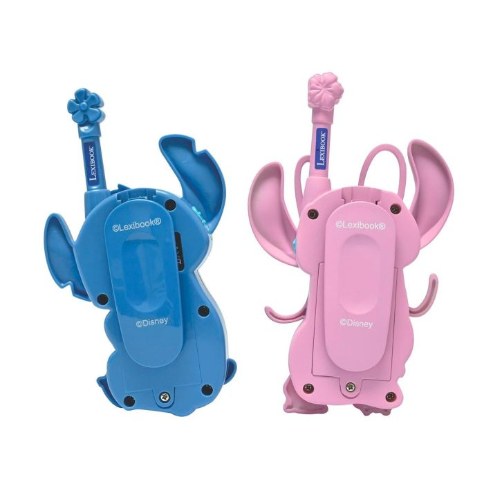 Dos teléfonos de juguete con forma de Stitch, uno azul, otro rosa, con antenas. Se ven los logotipos de Lexibook y Disney.
