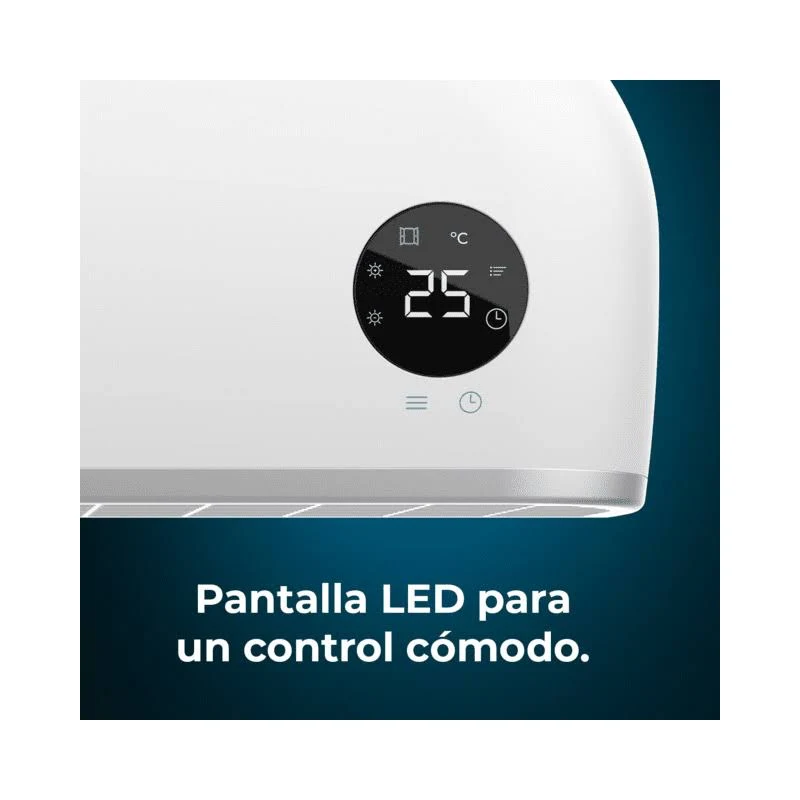 Un dispositivo blanco con pantalla digital que muestra 25 grados Celsius. El texto inferior dice: 'Pantalla LED para un control cómodo'.
