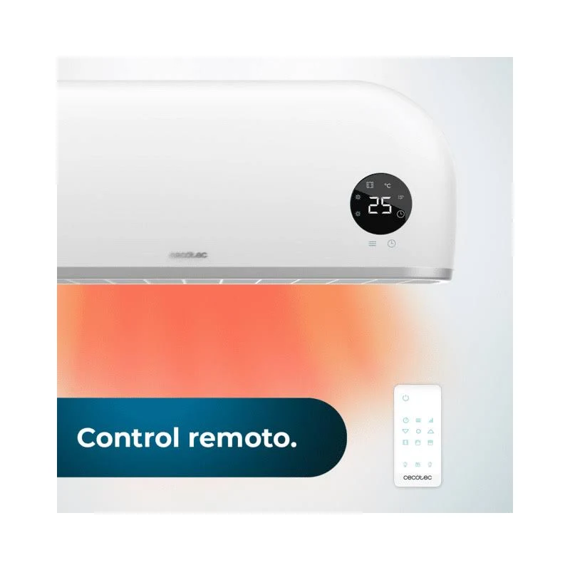 Aire acondicionado blanco con pantalla digital que muestra 25 grados. Mando a distancia abajo. Resplandor naranja emana desde abajo.