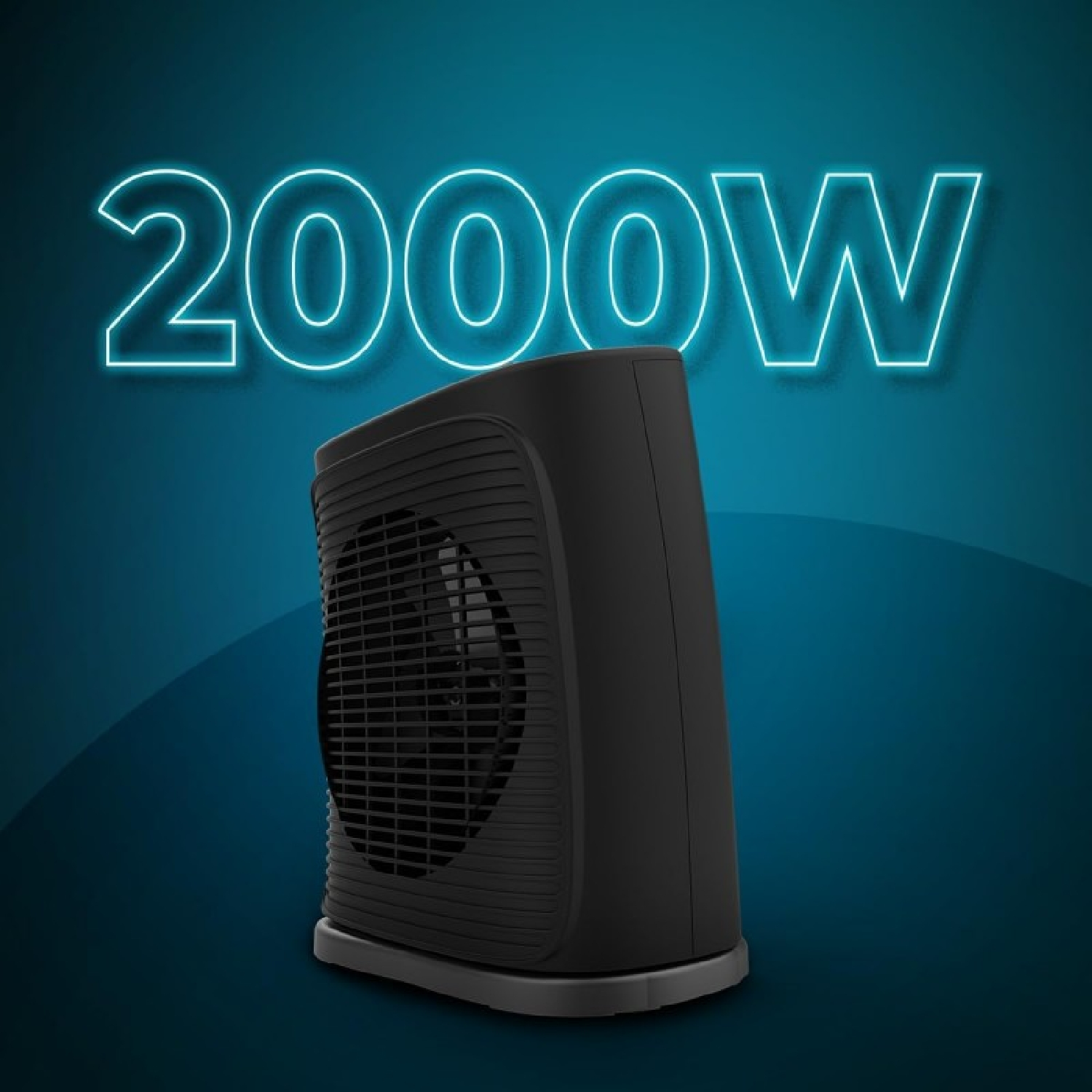 Un calefactor eléctrico negro con ventilador sobre fondo degradado azul oscuro. Texto neón blanco 2000W encima.