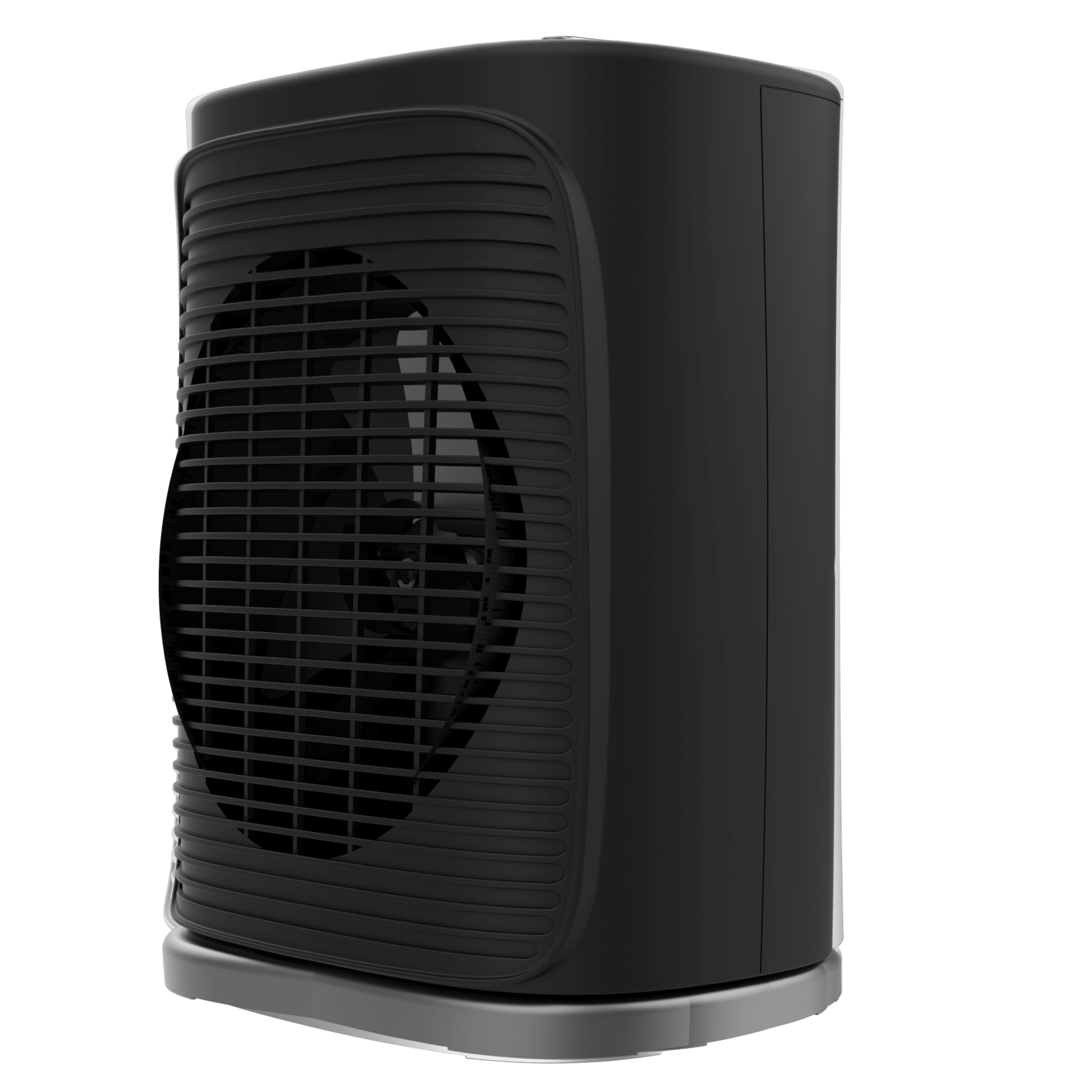 Calentador eléctrico negro con ventilador sobre base gris, sobre fondo verde.