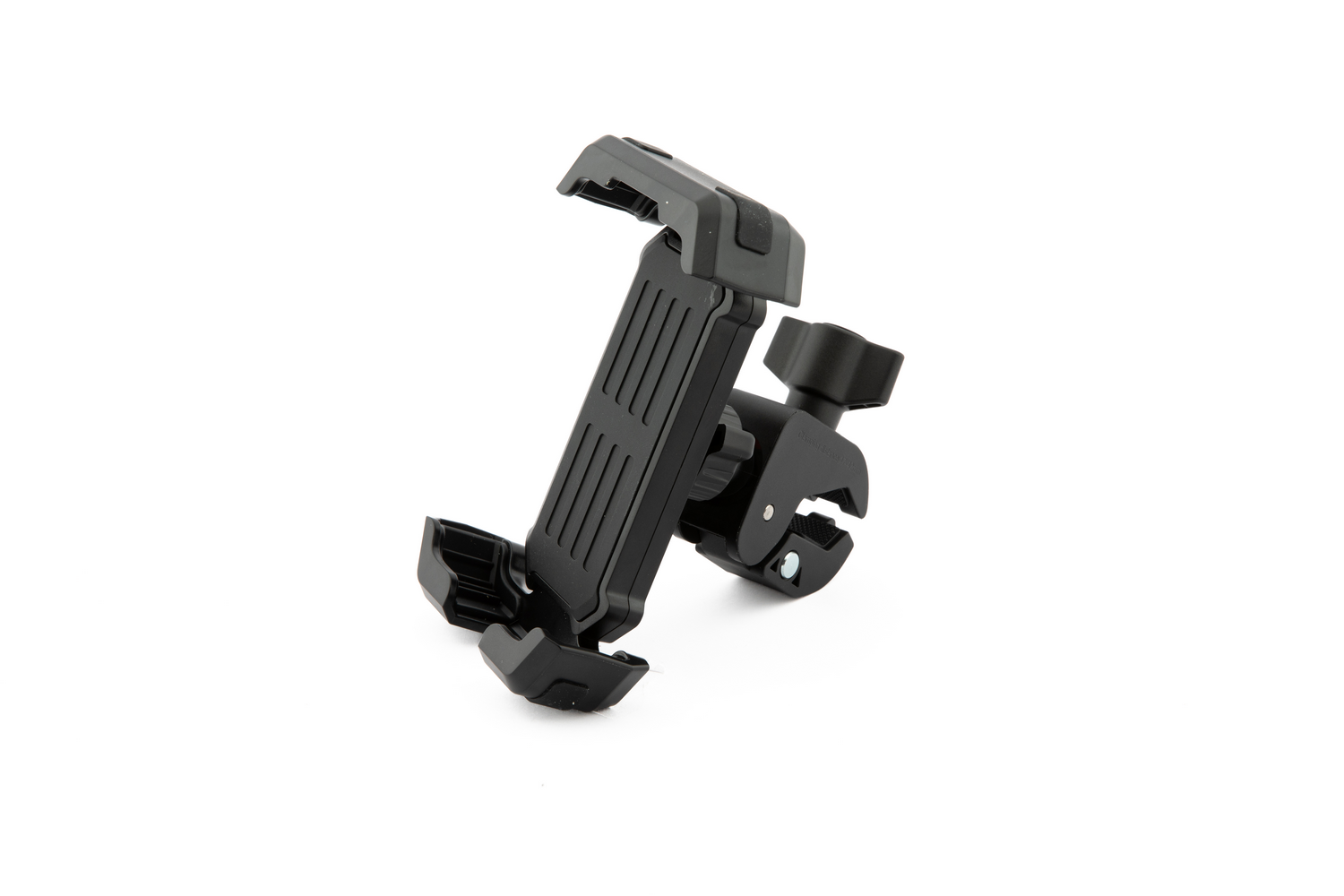 Soporte negro para teléfono con brazos ajustables y abrazadera. Está sobre un fondo blanco. El soporte está diseñado para un teléfono.