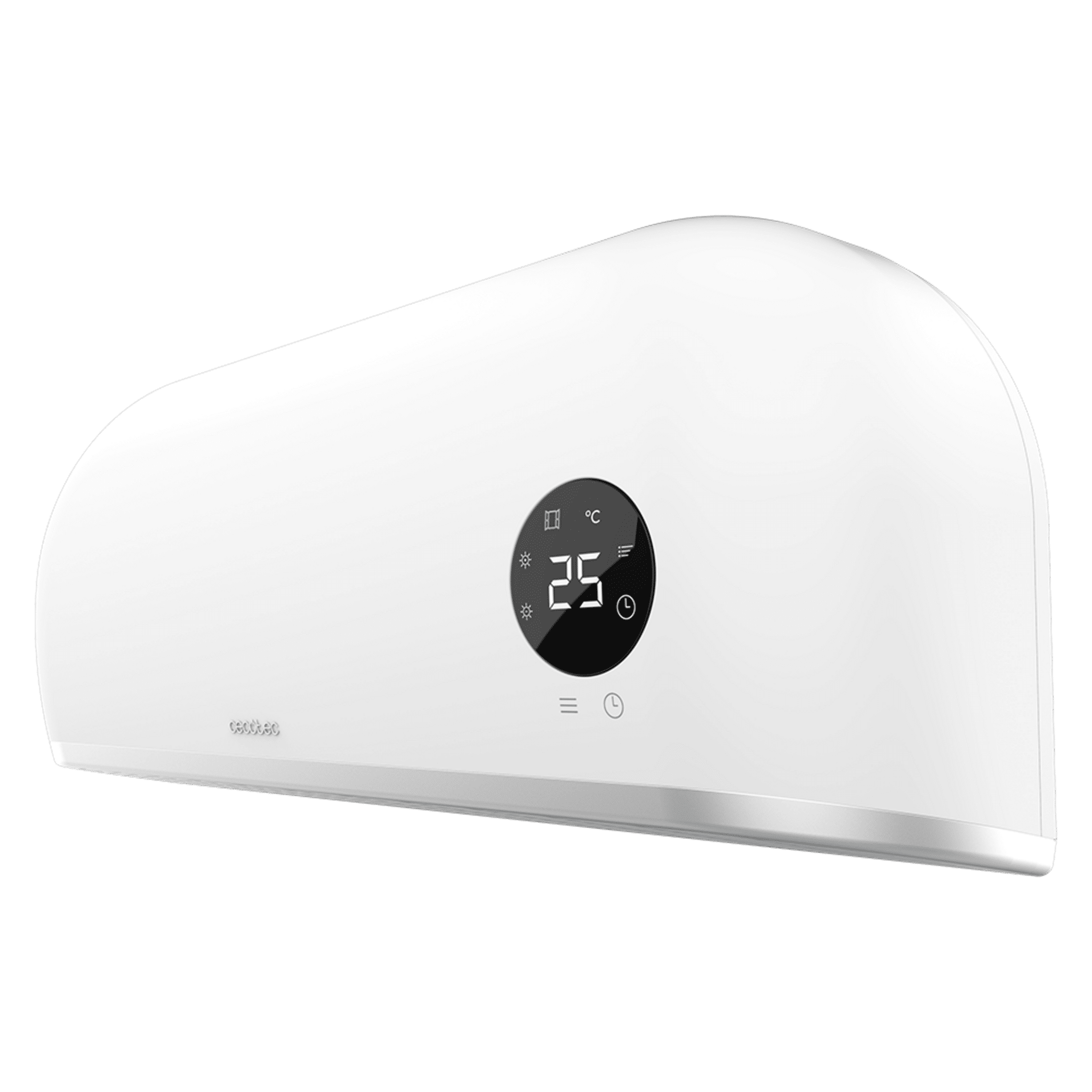 Aire acondicionado blanco con pantalla digital que muestra 25°C. El dispositivo está sobre un fondo verde. La marca es visible.