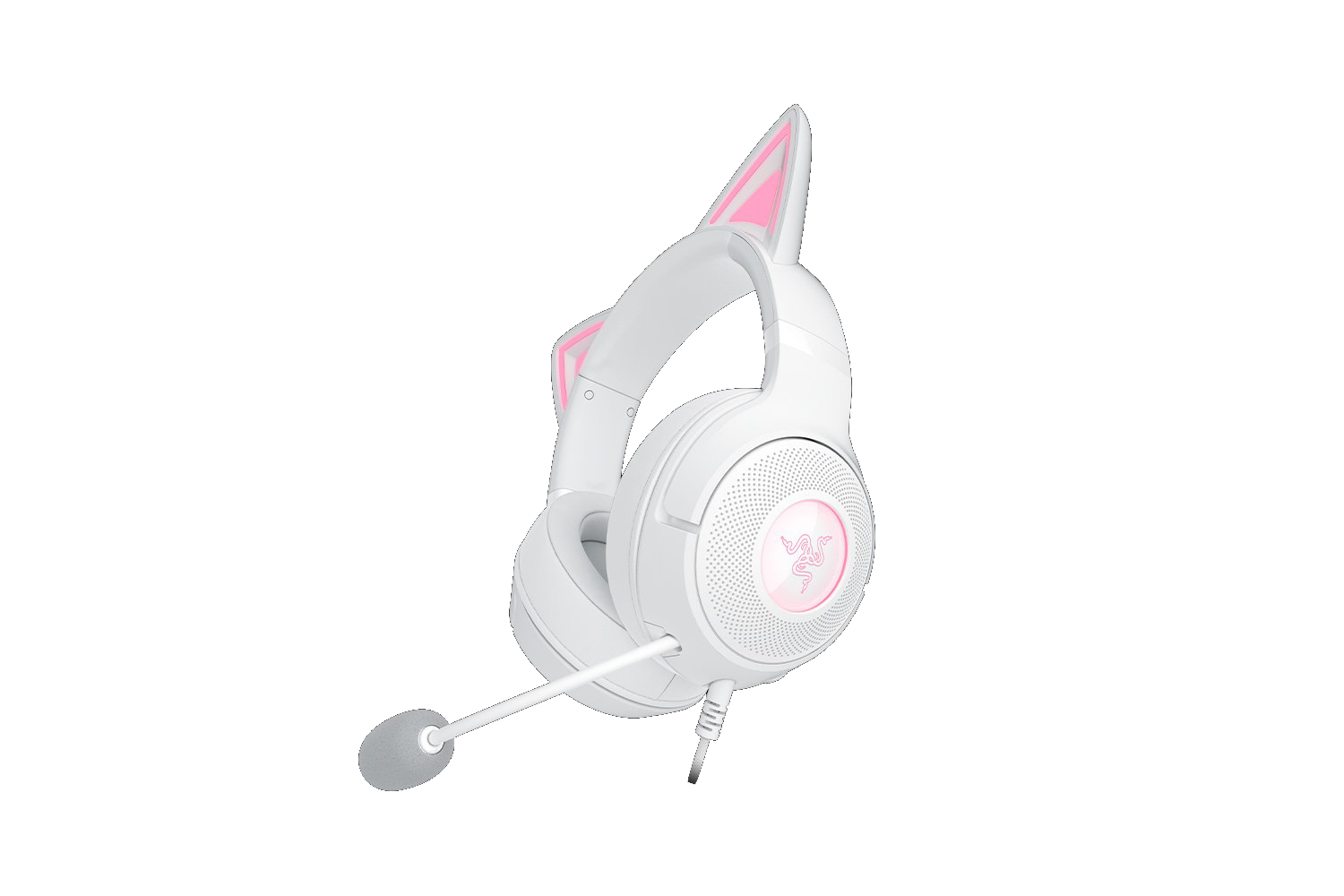 Auriculares gaming blancos con detalles rosas, con forma de orejas de gato. Incluye micrófono. Logotipo de Razer.