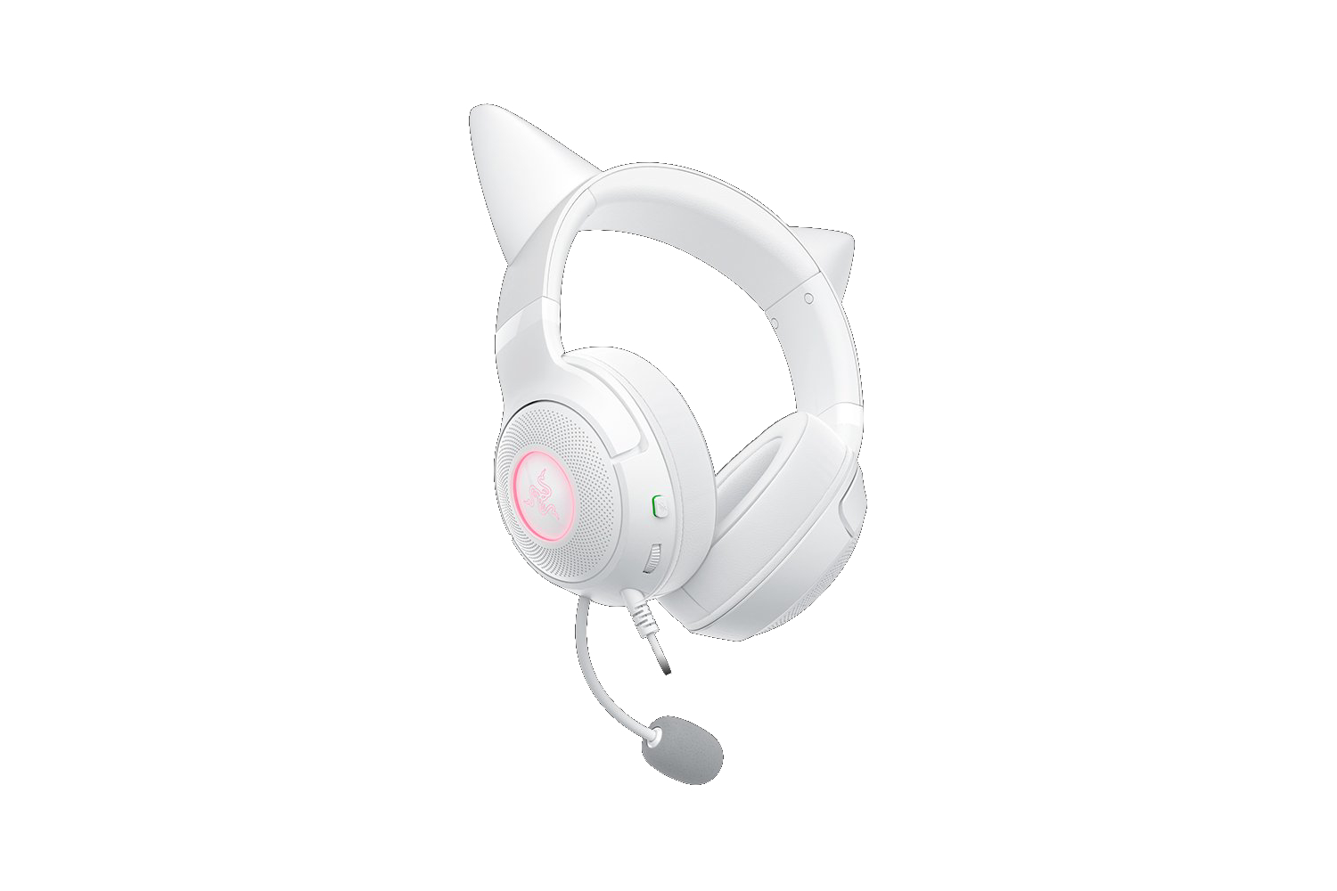 Auriculares gaming blancos con diseño de orejas de gato. Tiene un micrófono y el logotipo de Razer brillante en los auriculares. Aislado sobre fondo blanco.