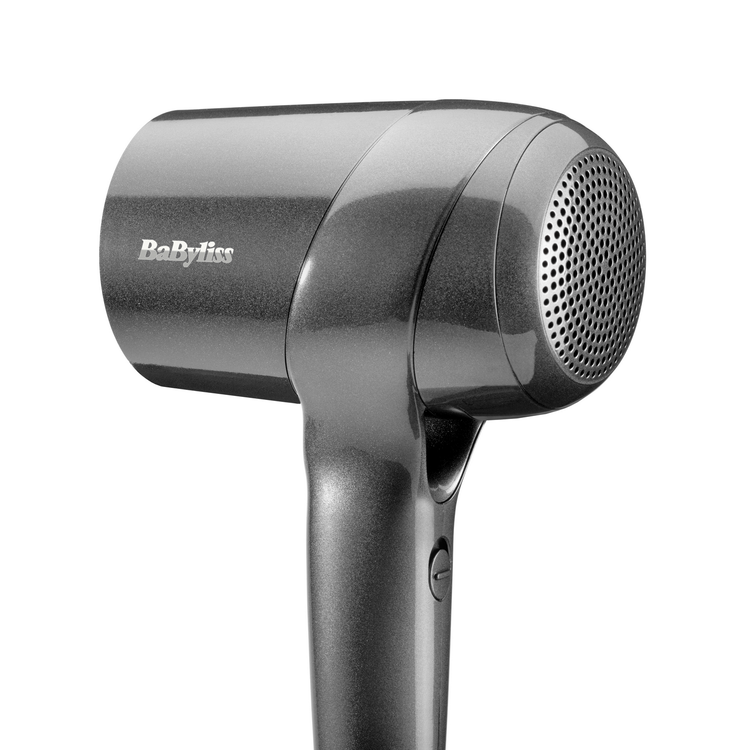 Un secador de pelo gris BaByliss sobre fondo blanco. El secador tiene un cuerpo cilíndrico y un mango con botón de encendido/apagado.