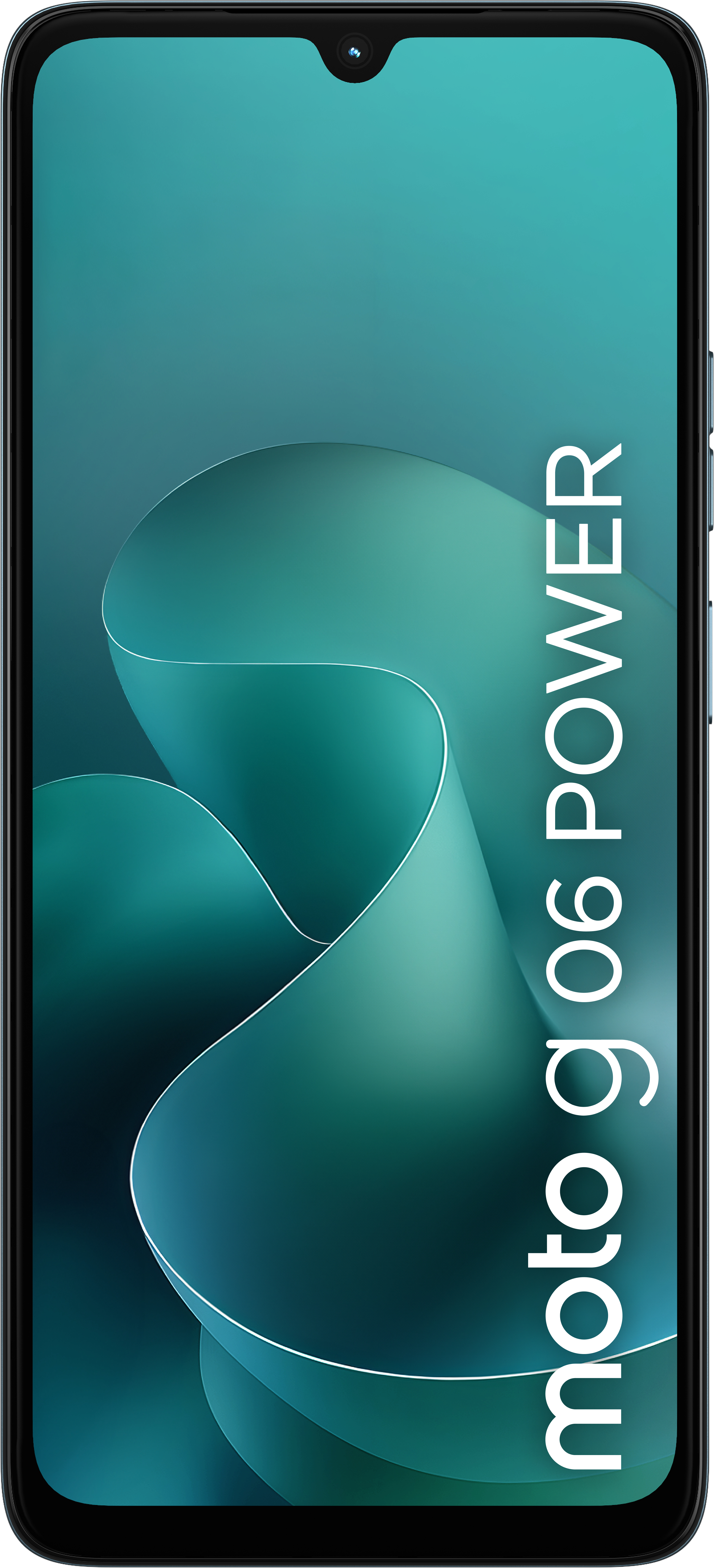 A smartphone, moto g 06 POWER, on a teal background. The screen displays abstract teal shapes with a white outline.