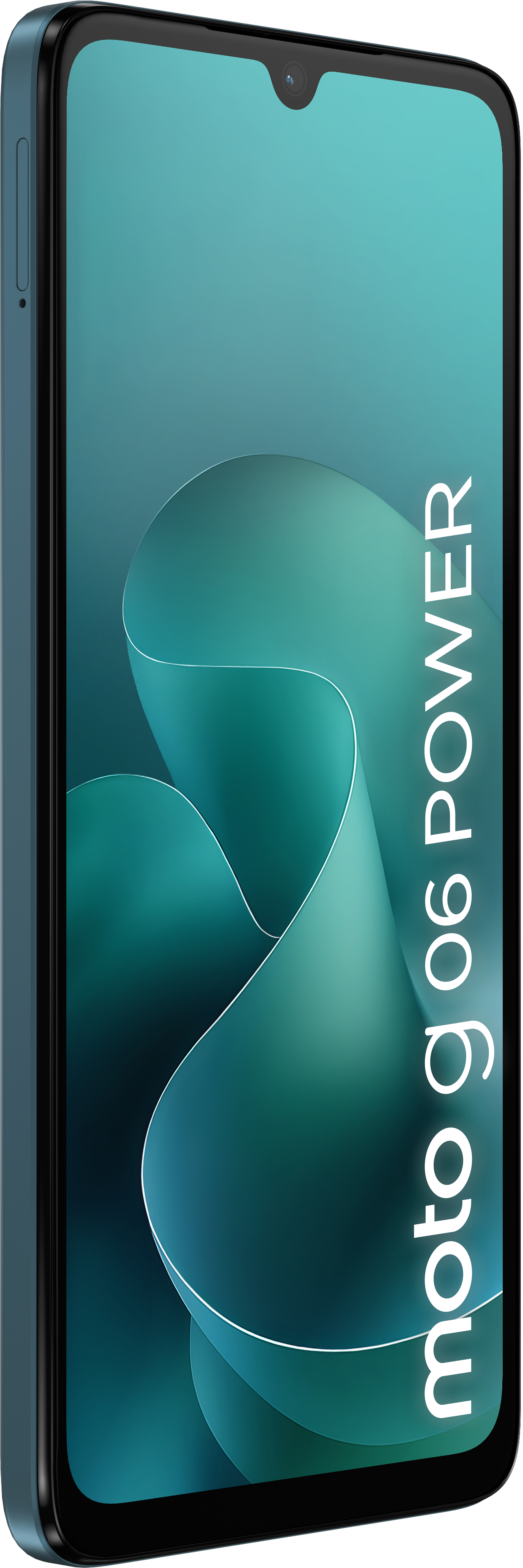 A teal smartphone, Moto g06 Power, with a teardrop notch, and a teal-green wavy background design.