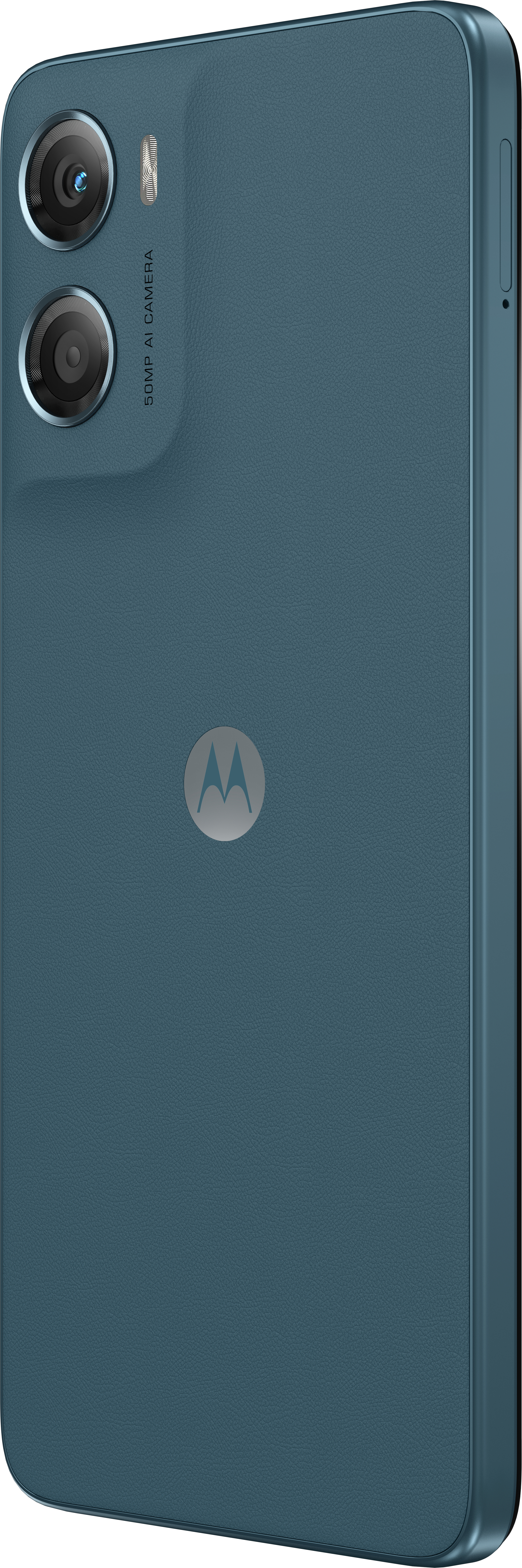 Teal smartphone back. Dual camera setup, Motorola logo, and a textured surface. The phone is in portrait mode.