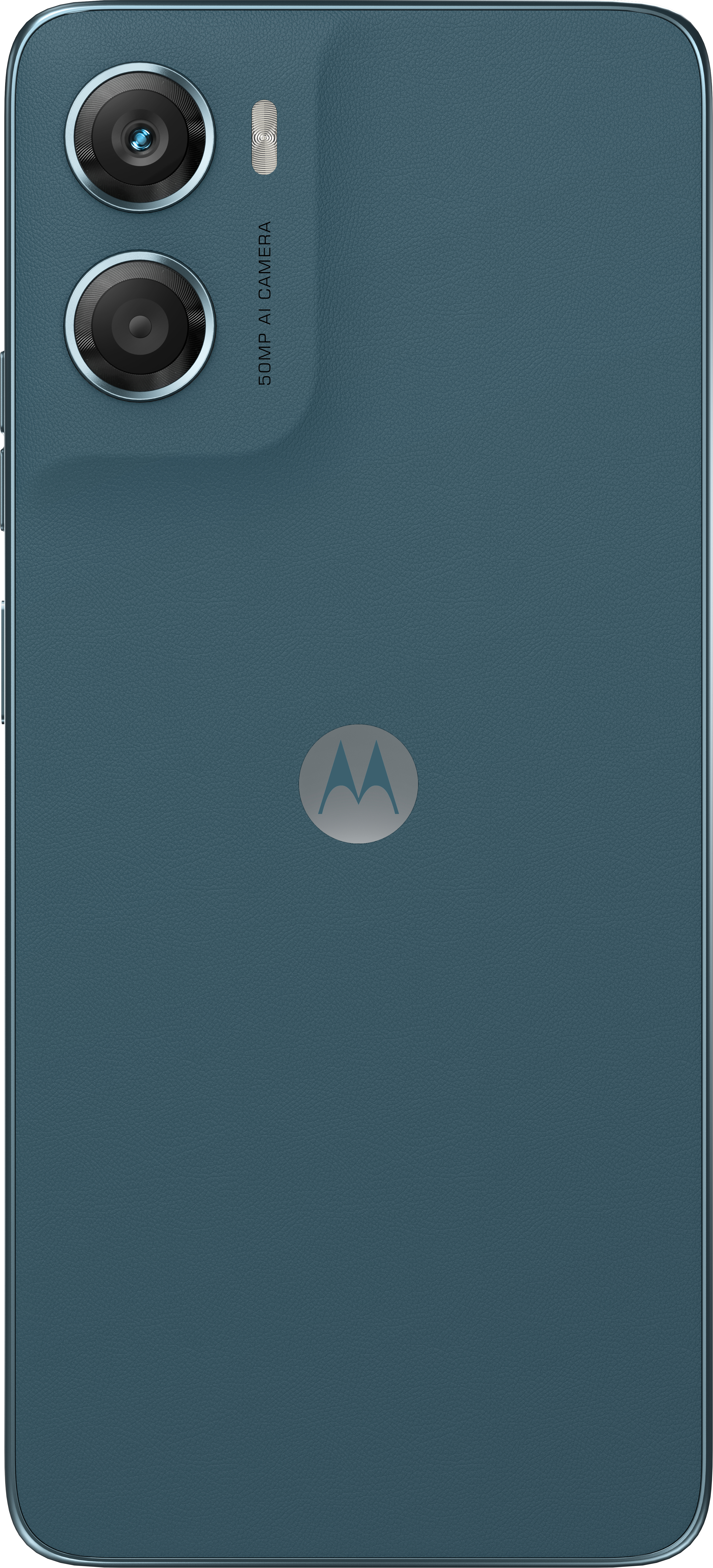 A teal smartphone back. Dual camera lenses top left, Motorola logo in the middle. 50MP AI camera text on the side.
