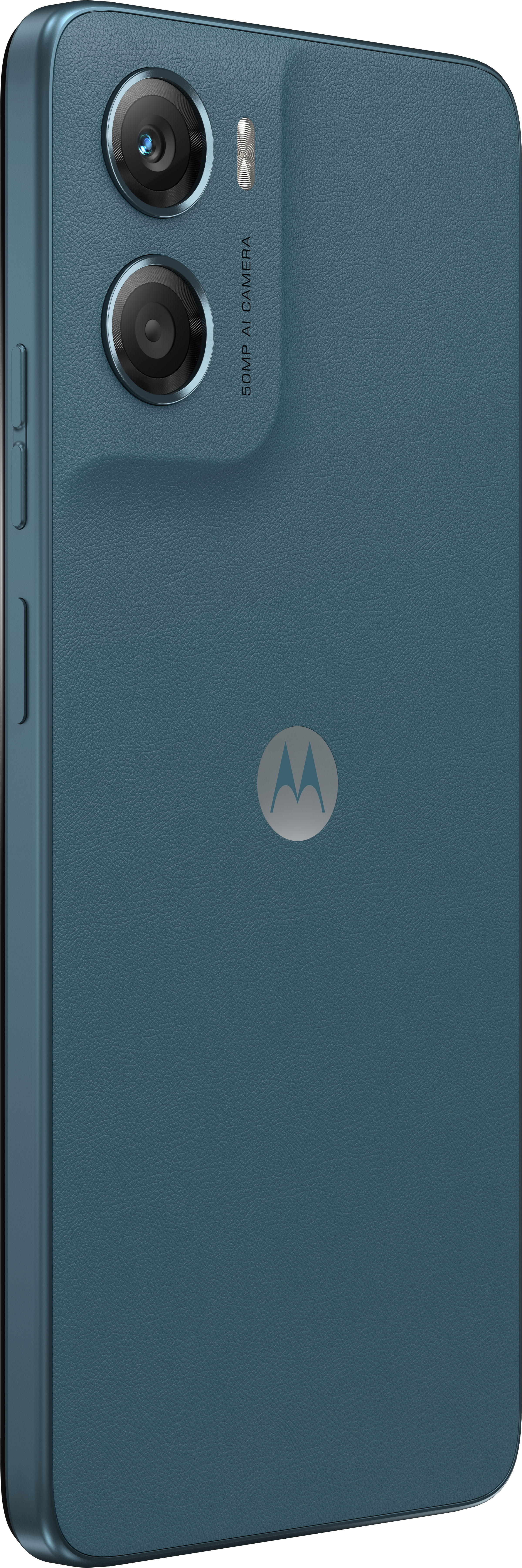 Teal smartphone back. Dual camera at top, Motorola logo at middle. 50MP AI camera text is visible.